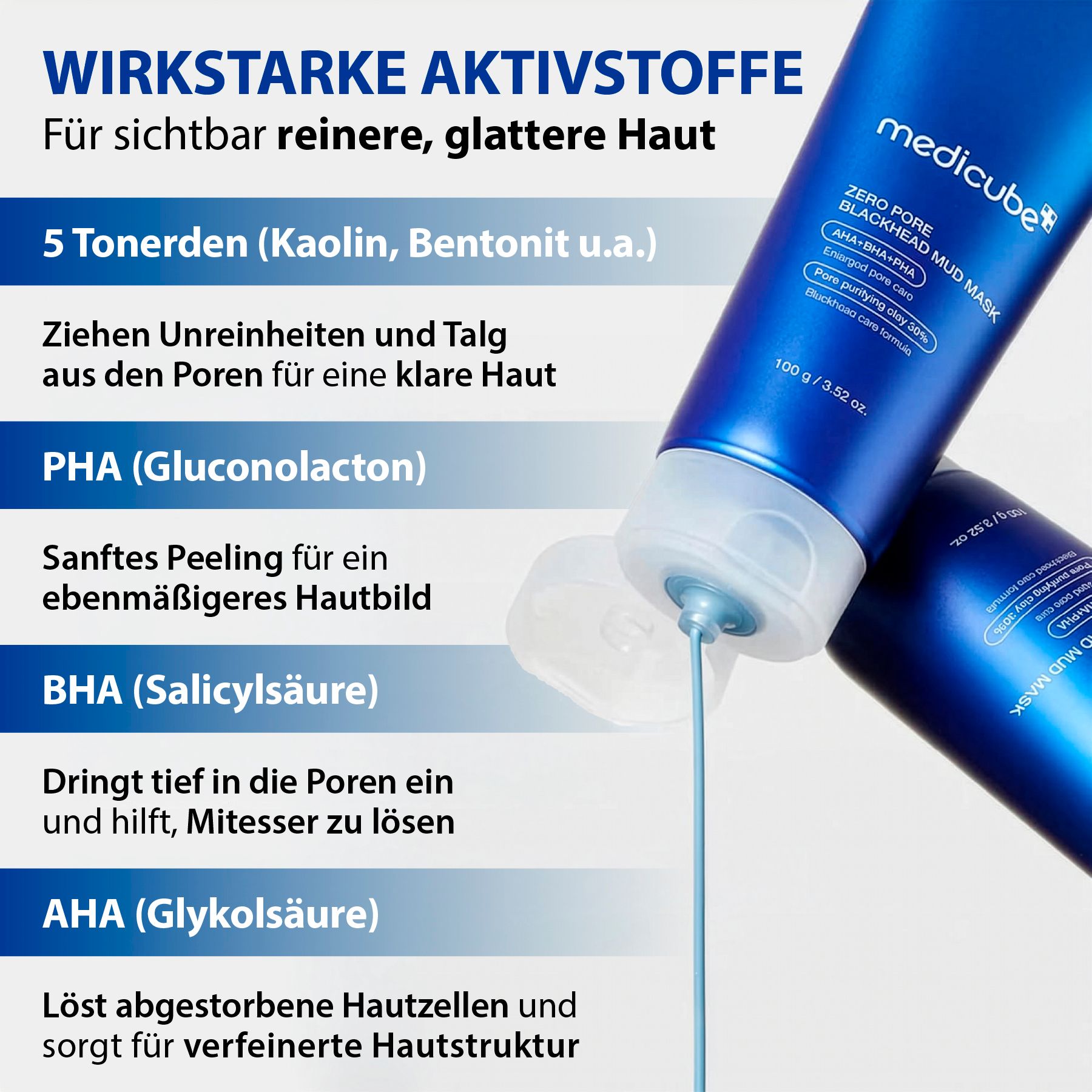 Tubo blu di Medimask Zero Pore Blackhead Mud Mask, 100g/3.52 oz. Testo elenca ingredienti e benefici.