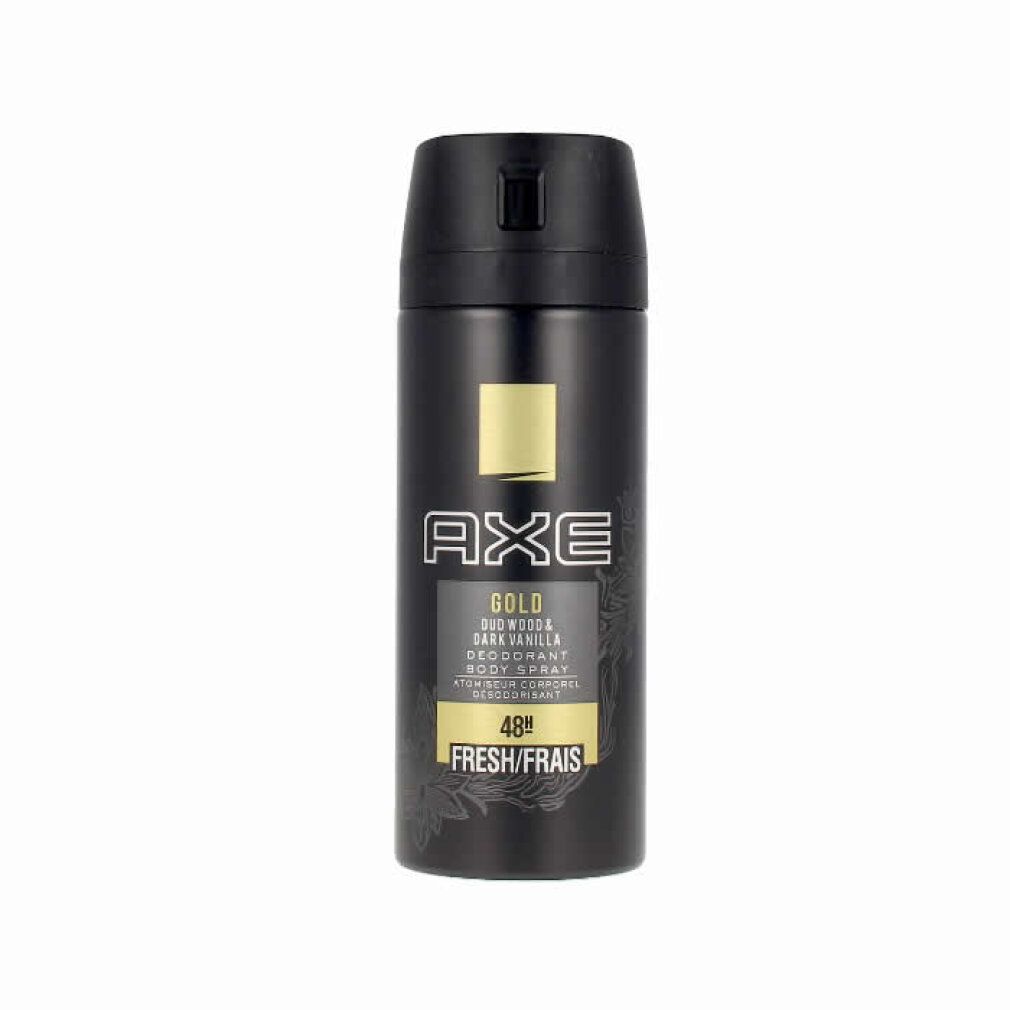 Spray deodorante nero con dettagli dorati. Testo: AXE GOLD, Oud Wood & Dark Vanilla, 48h Fresh/Frais.