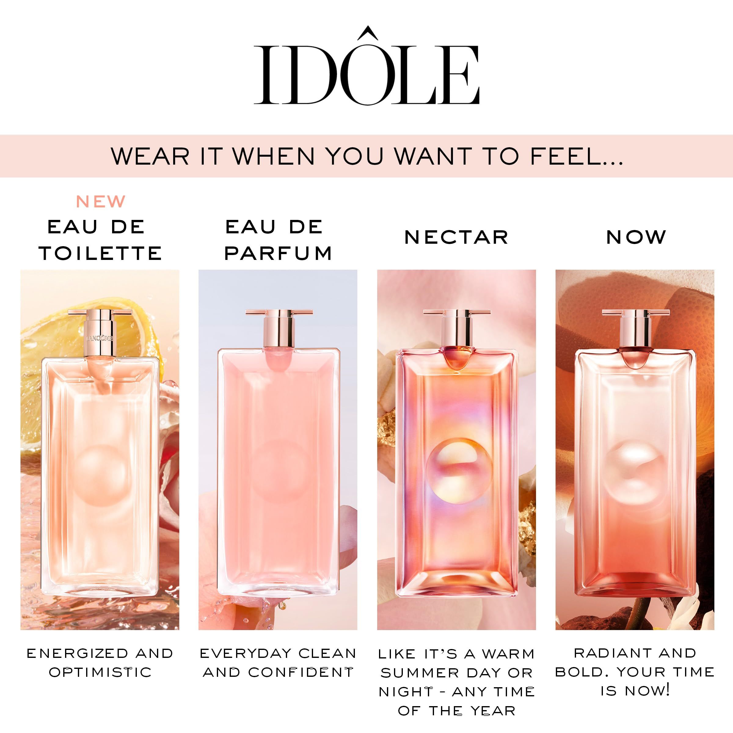 Quattro flaconi. Testo: Eau de Toilette, Eau de Parfum, Nectar, Now. Descrizioni: Energized and Optimistic, Everyday Clean and Confident, Like it's a warm summer day or night - any time of the year, Radiant and Bold, Your time is now!