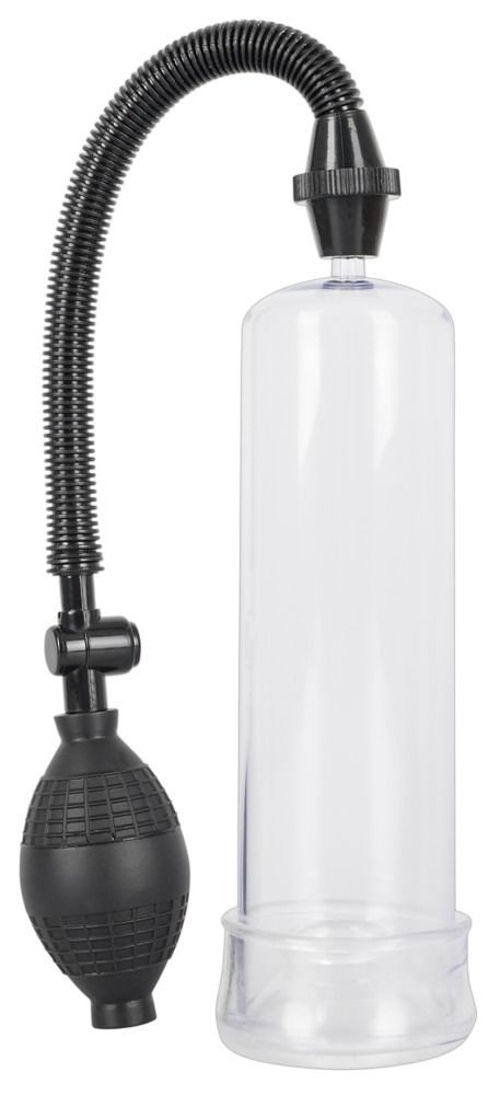 Cilindro trasparente con tubo e pompa neri. Il cilindro ha una base. La pompa è a forma di pera.