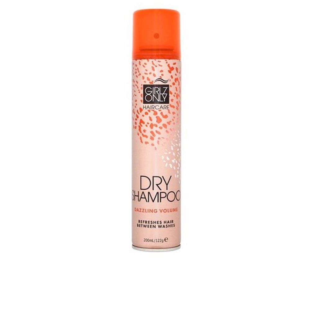Bomboletta spray di shampoo secco. Testa spray arancione, bomboletta rosa con testo e logo. "Girlz Only Haircare" e "Dry Shampoo Dazzling Volume".