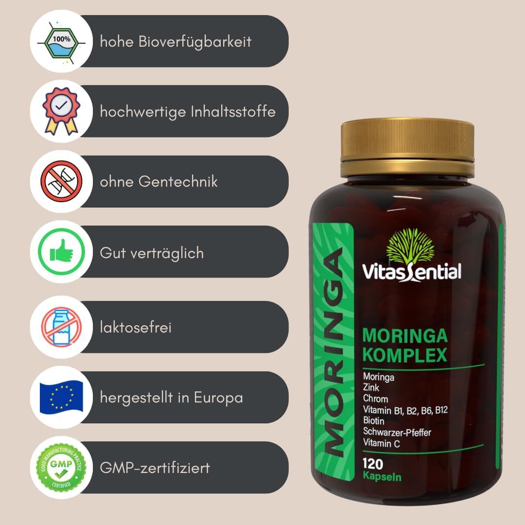 Flacone marrone con etichetta verde. Vitassential Moringa Komplex. 120 capsule. Certificato GMP.