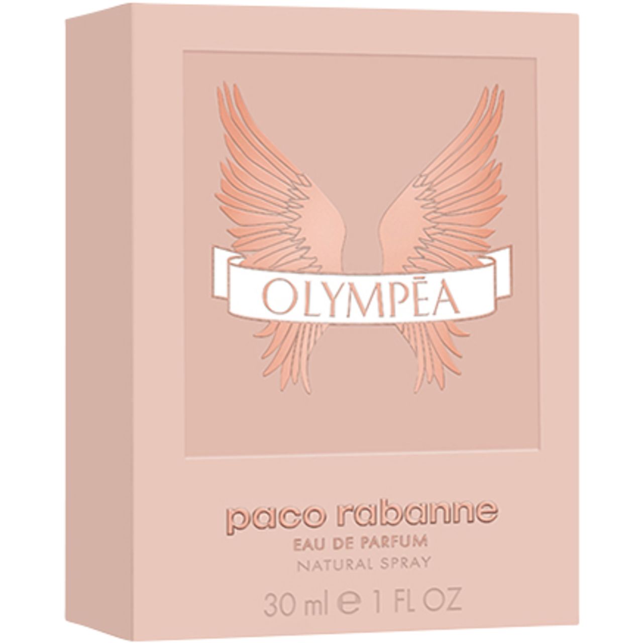 Confezione rosa con ali e scritta: Olympéa. Scritta: Paco Rabanne, Eau de Parfum.