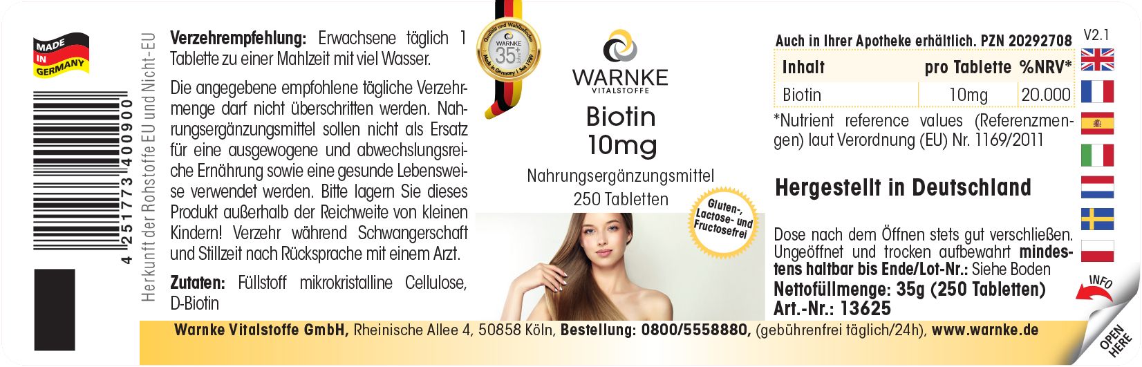 Etichetta con informazioni sul prodotto. Scritta: WARNKE Biotin 10mg, 250 compresse. Immagine di donna con capelli lunghi. Prodotto in Germania.