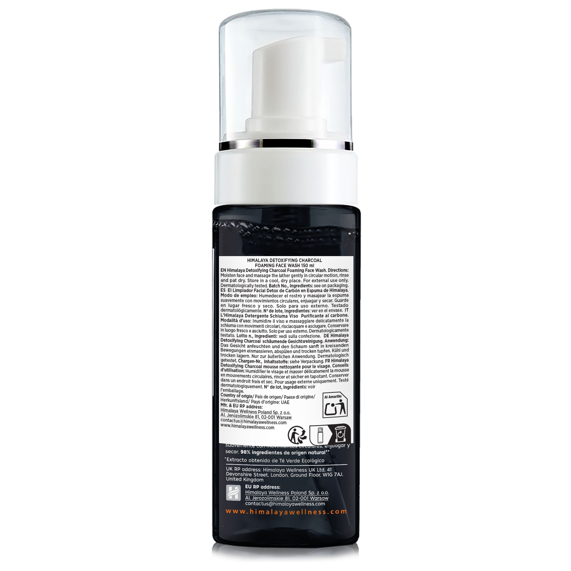 Flacone nero con erogatore bianco. Testo: HIMALAYA, Detoxifying, Charcoal Foaming Face Wash. Vista posteriore.