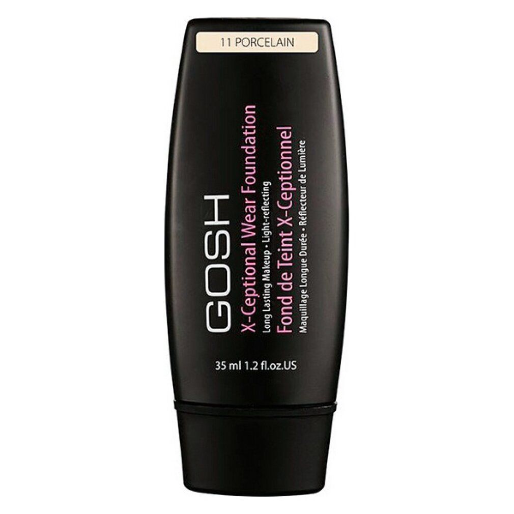Tubo nero di Gosh X-Ceptional Wear Foundation, tonalità 11 Porcelain. Testo in inglese e francese. 35 ml.
