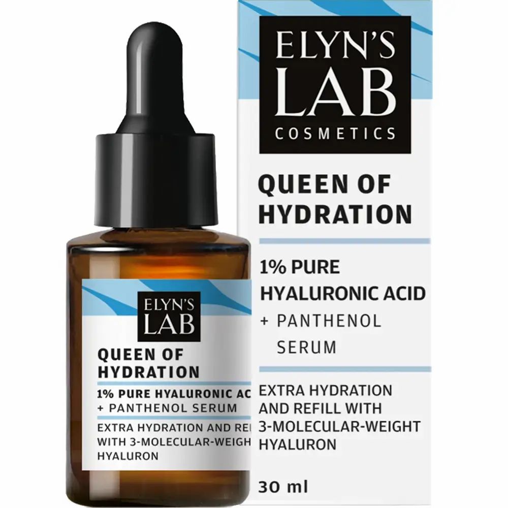 Flacone di vetro marrone con pipetta e scatola. Scritta: Queen of Hydration Serum, 1% acido ialuronico e pantenolo. 30 ml.