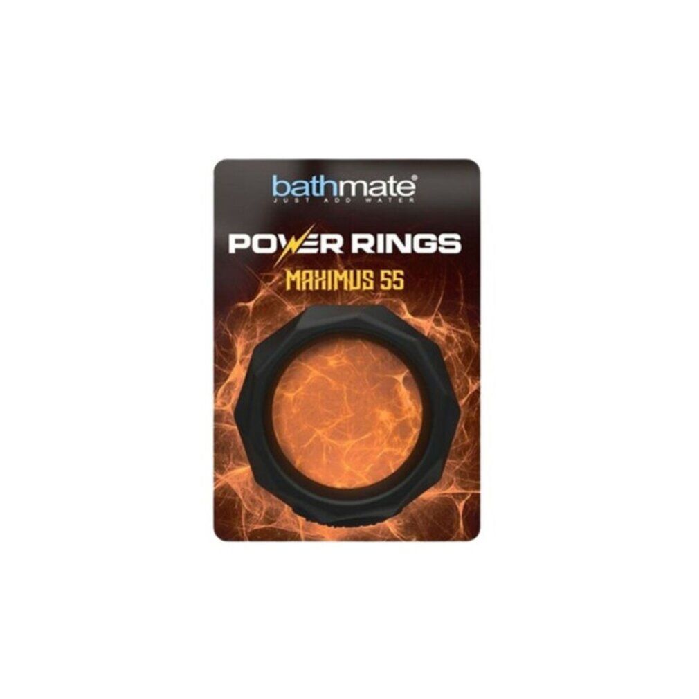 Confezione con anello nero. Testo: Bathmate, Power Rings Maximus 55.