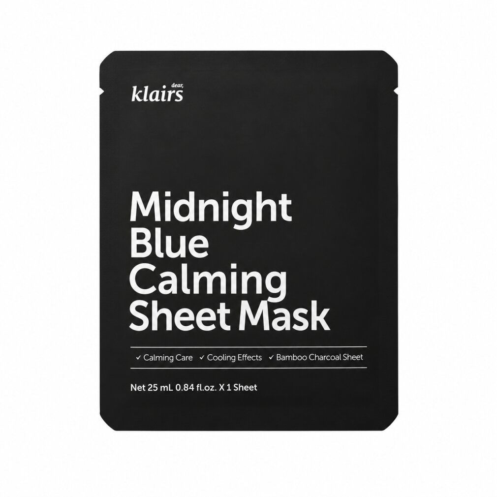 Confezione Klairs Midnight Blue Calming Sheet Mask con testo.