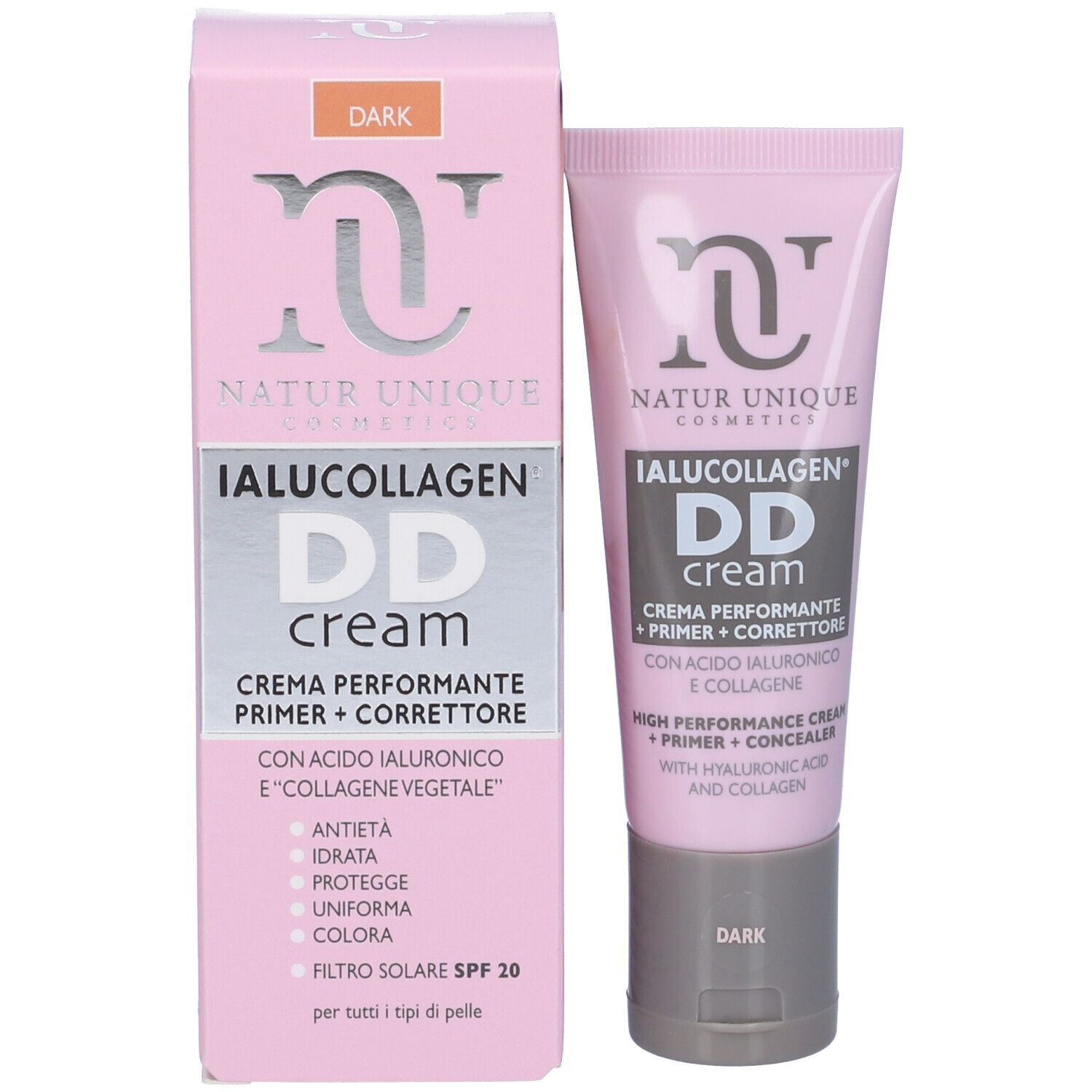Confezione e tubo. Testo: Natur Unique Cosmetics, IALUCOLLAGEN DD cream, Dark. Con acido ialuronico e collagene.