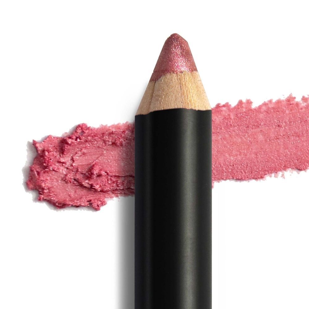 Campione di ombretto rosa accanto a una matita nera con estremità rosa.