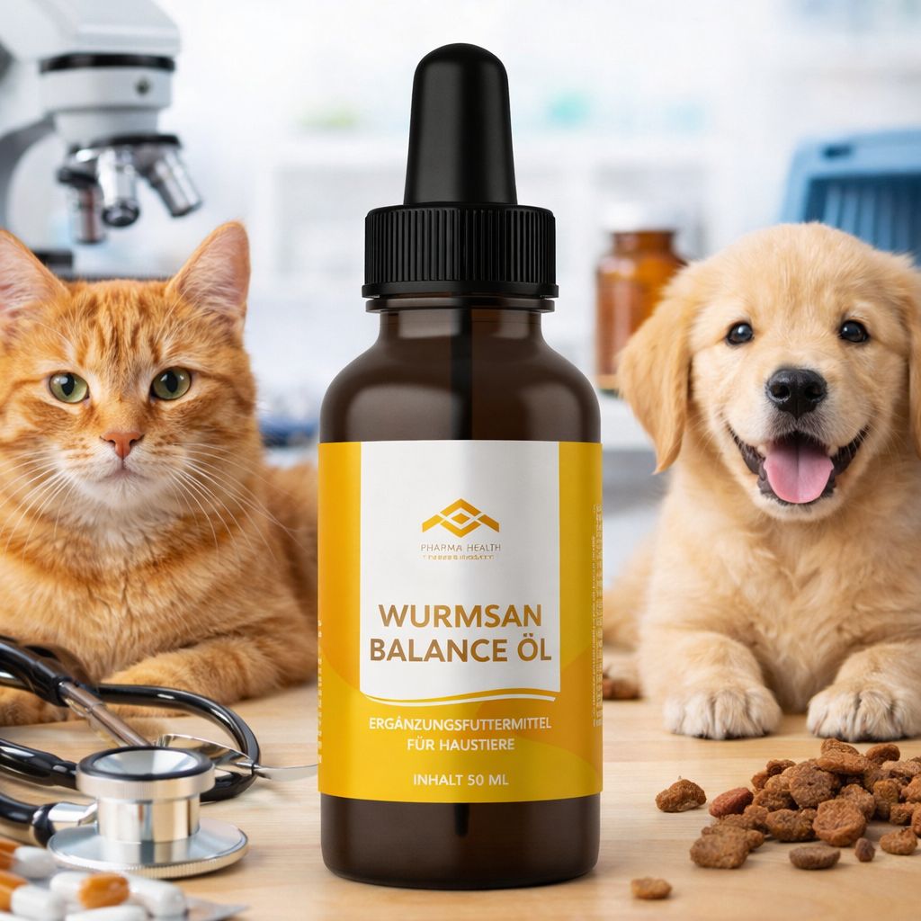 Flacone marrone con contagocce, etichetta gialla. Gatto e cane accanto al flacone. Nome prodotto: Wurmsan Balance Öl. Integratore alimentare per animali.