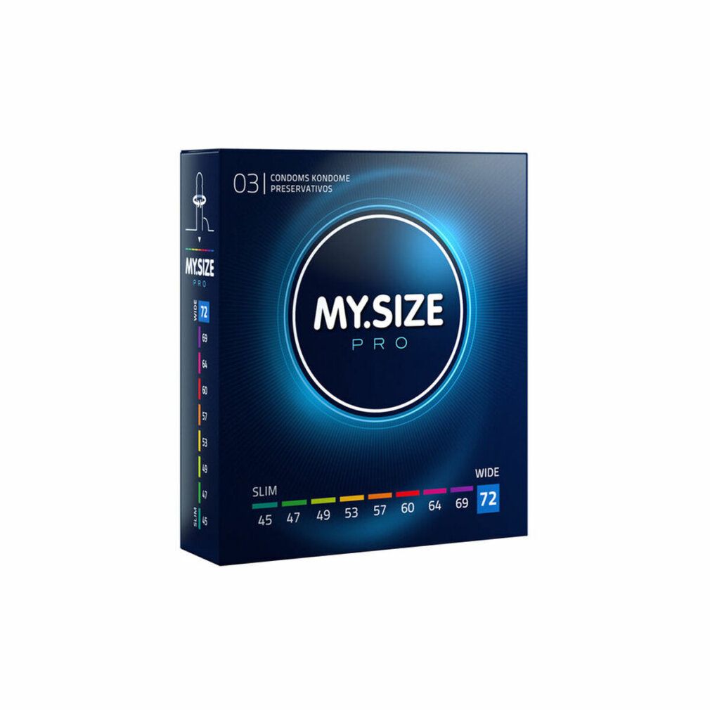 Confezione di preservativi MY.SIZE PRO, taglia 72mm. Gamma taglie da Slim a Wide. Sfondo nero con effetto luce blu. Nome del prodotto.
