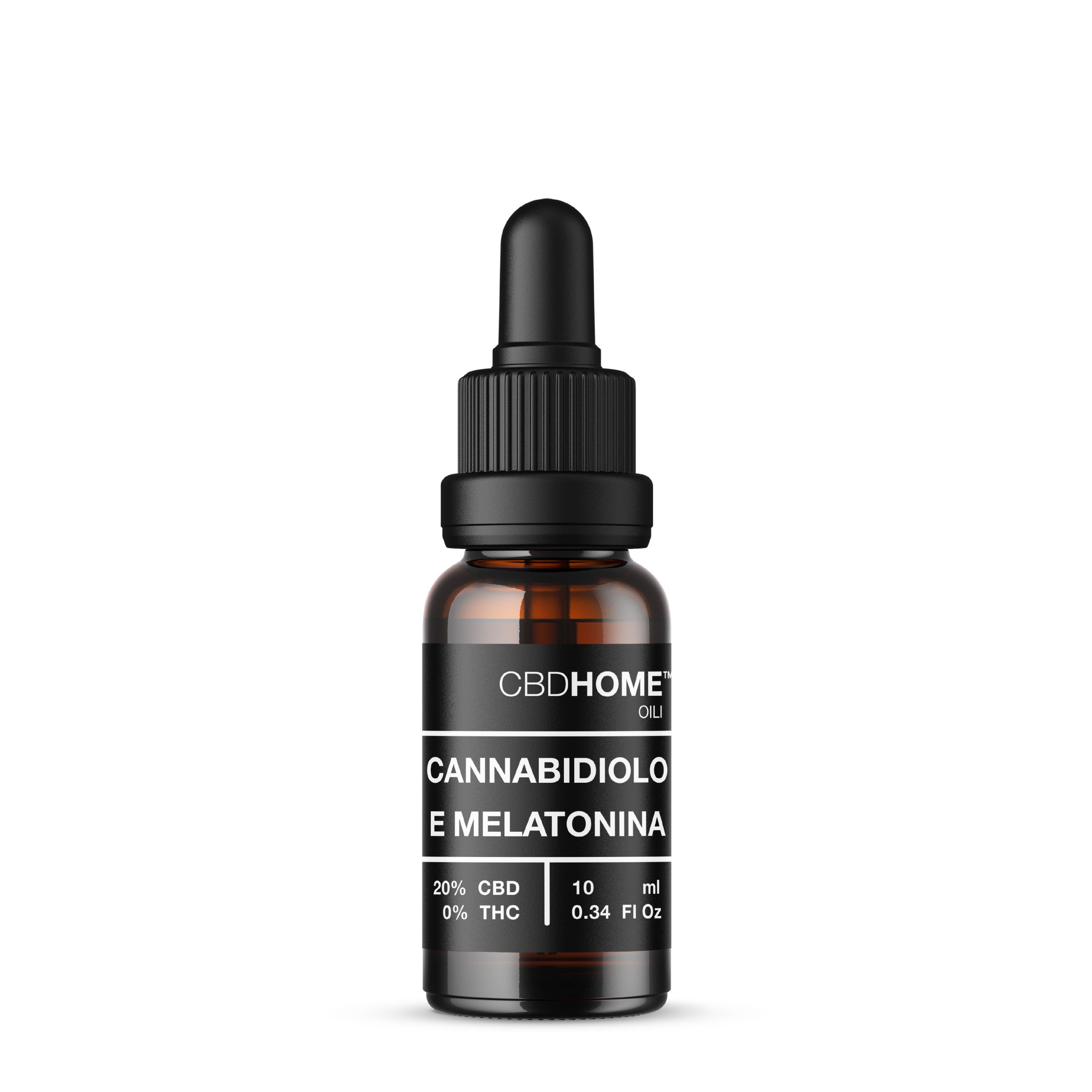 Flacone di olio CBD con contagocce. L'etichetta indica 20% CBD, 0% THC e 10ml.