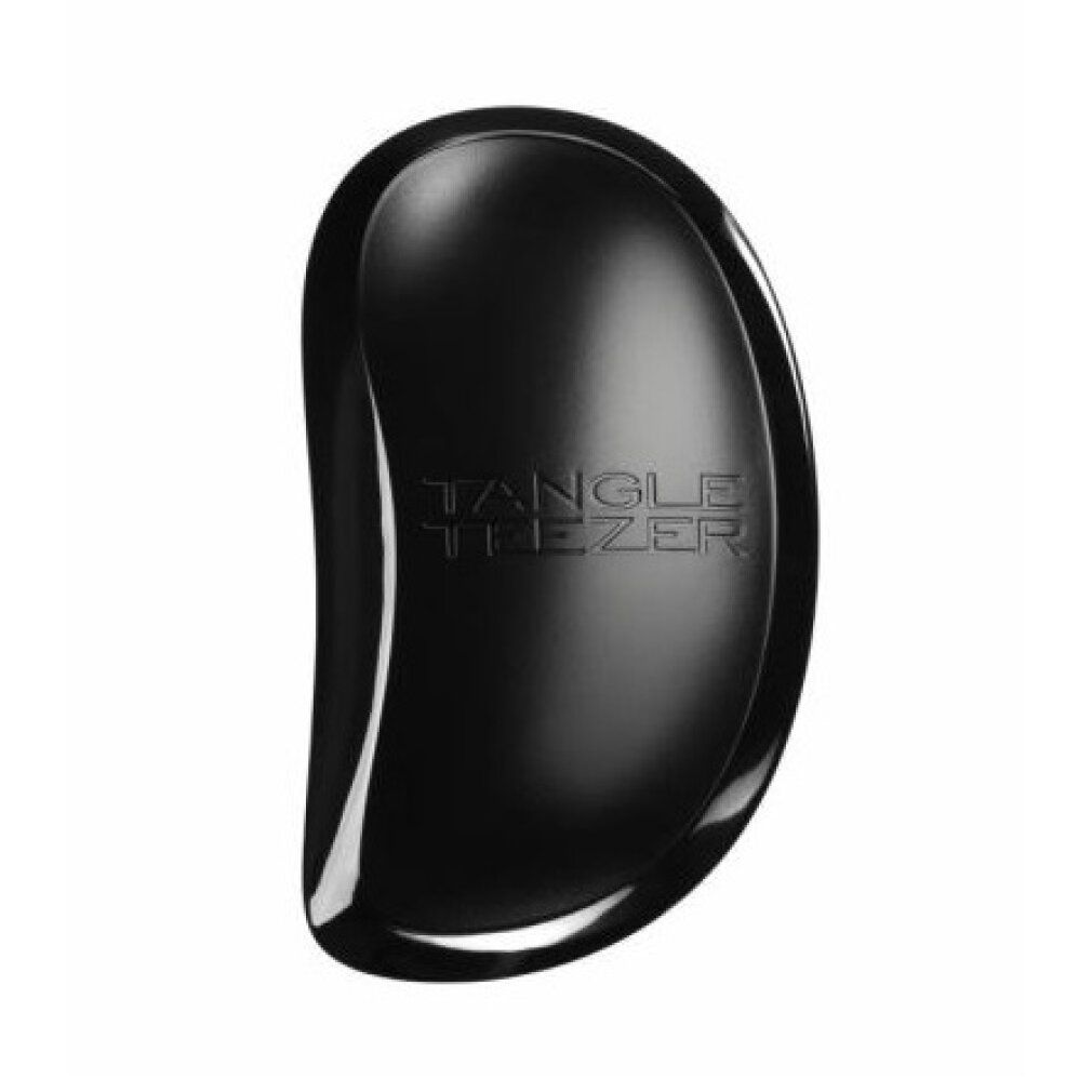 Spazzola Tangle Teezer nera. Ovale, con marchio. Superficie lucida.