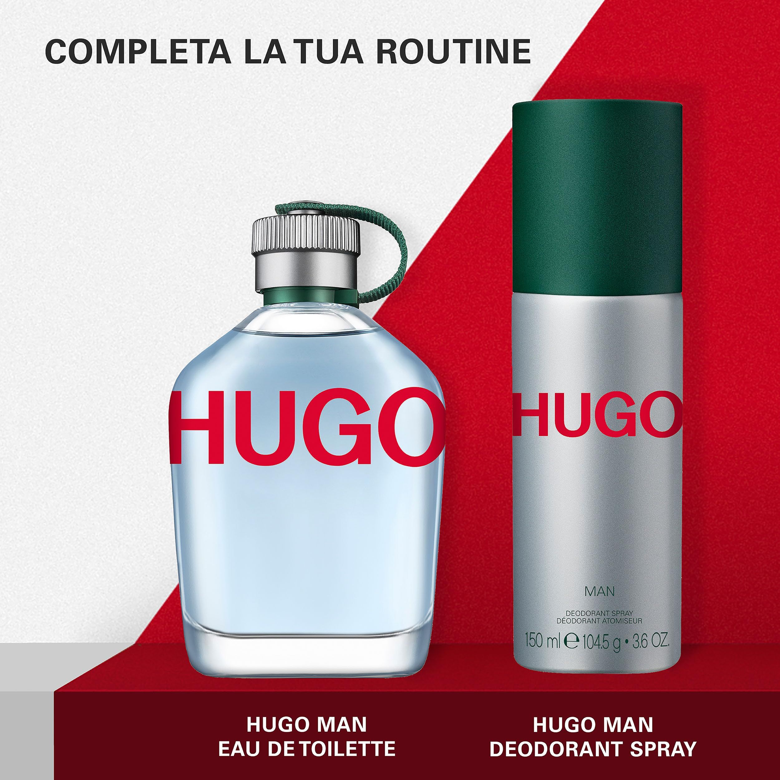 Flacone di Hugo Eau de Toilette su lettere rosse "HUGO".