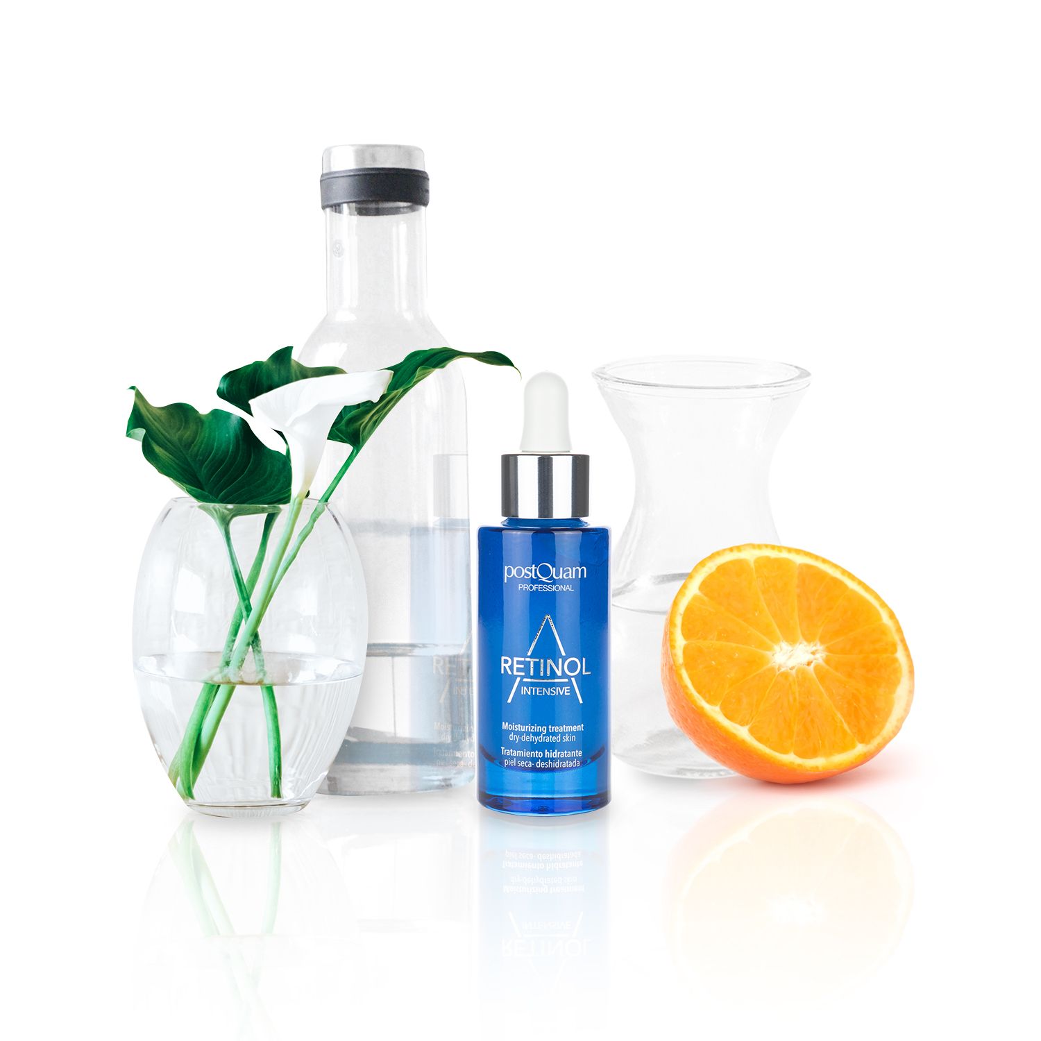 Flacone blu con pipetta, arancia, piante e vetri. Scritta: Retinol Intensive, Postquam Professional.