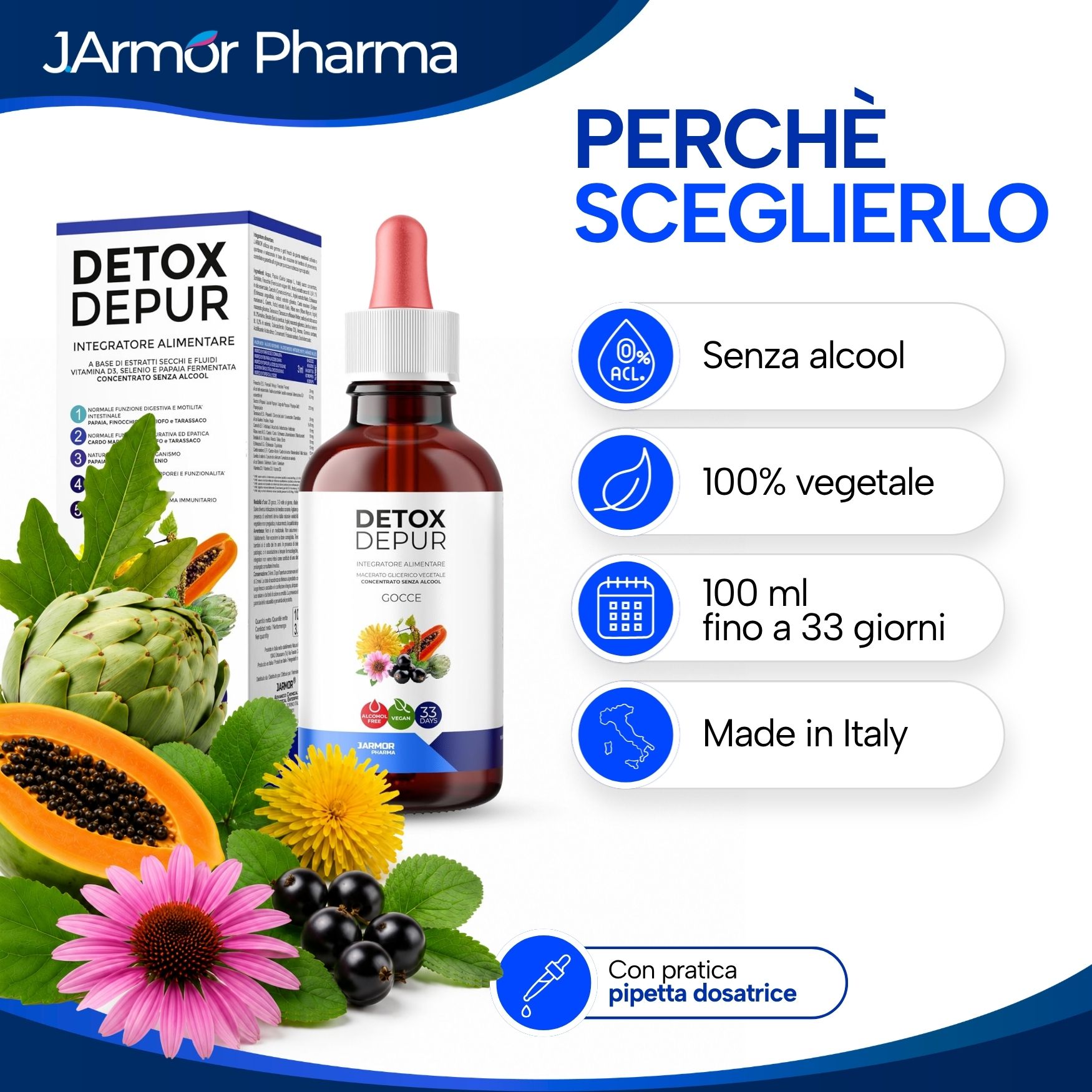 Flacone e scatola di gocce Detox Depur. Senza alcol, 100% vegetale, 100ml, Made in Italy.