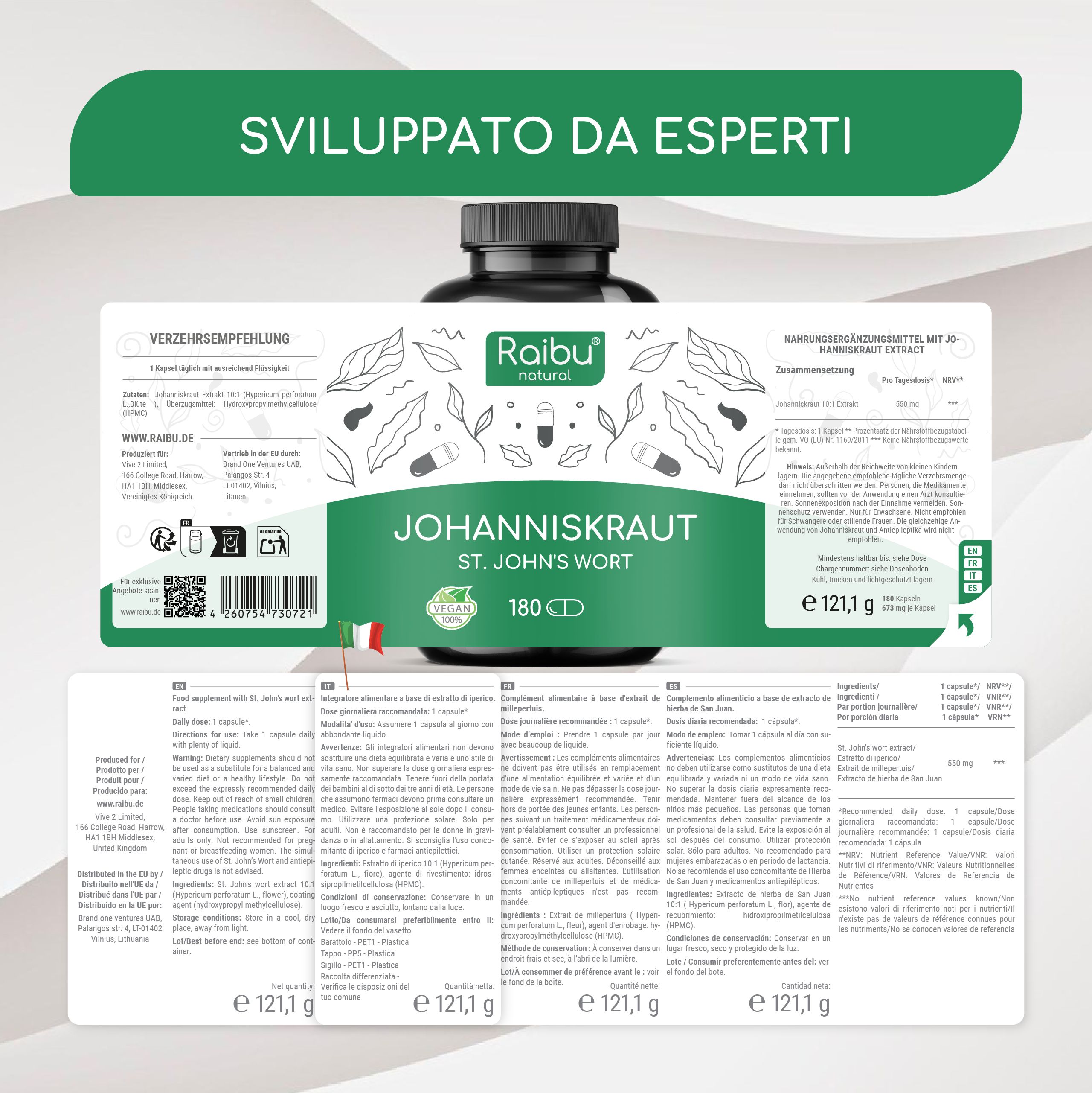 Flacone con etichetta. Testo: Iperico St. John's Wort, 180 capsule. Ulteriori informazioni sull'etichetta.