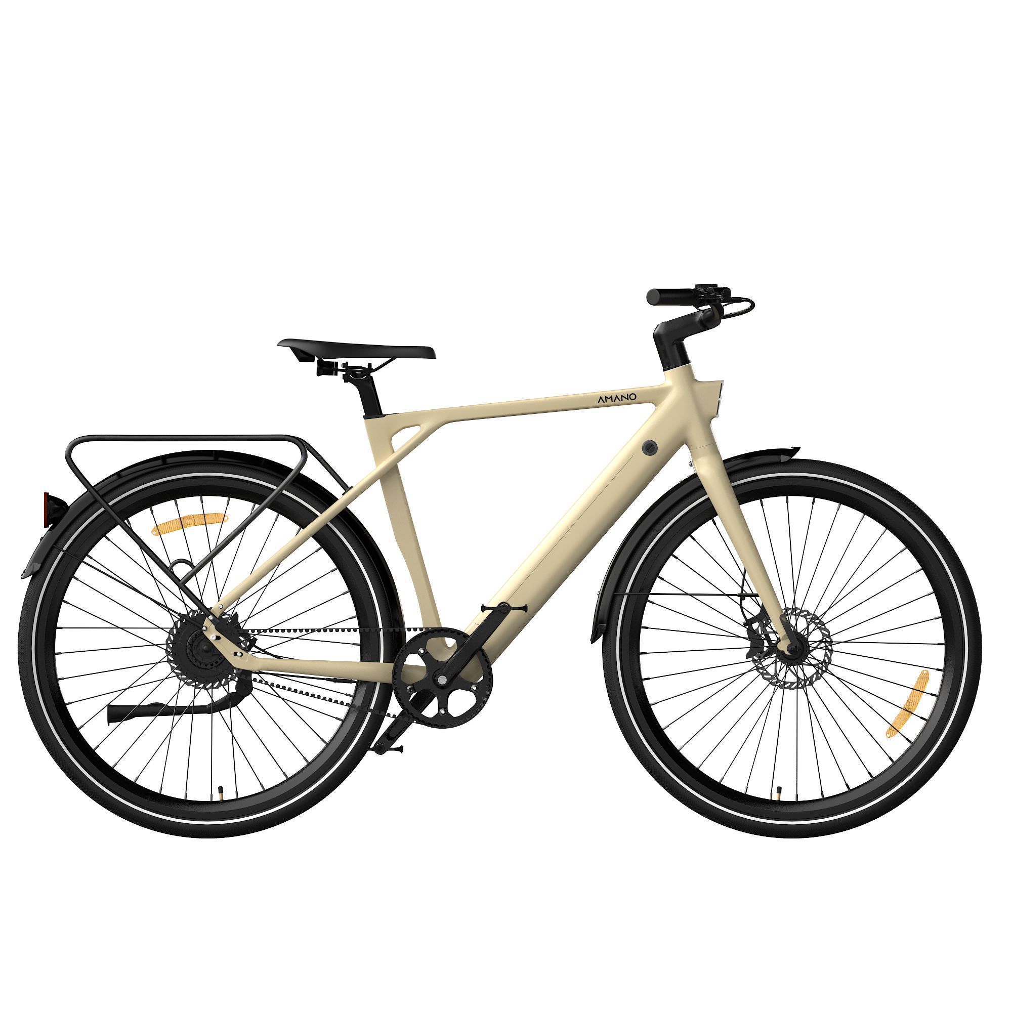 E-bike beige con pneumatici neri e portapacchi. Marchio AMANO visibile. Para catena e sella.