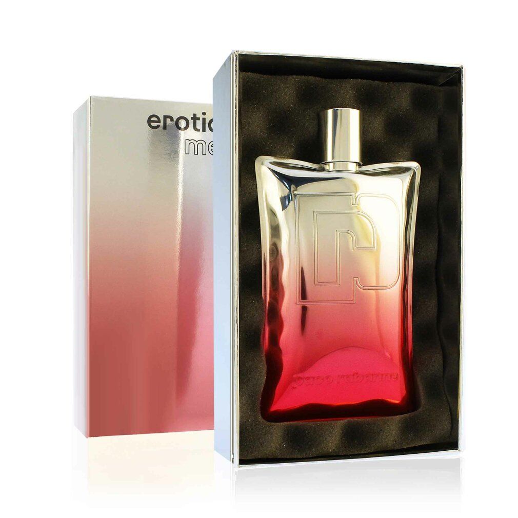 Flacone di profumo e confezione. Flacone con tappo argentato e sfumatura rossa. Confezione con sfumatura da bianco a rosso.