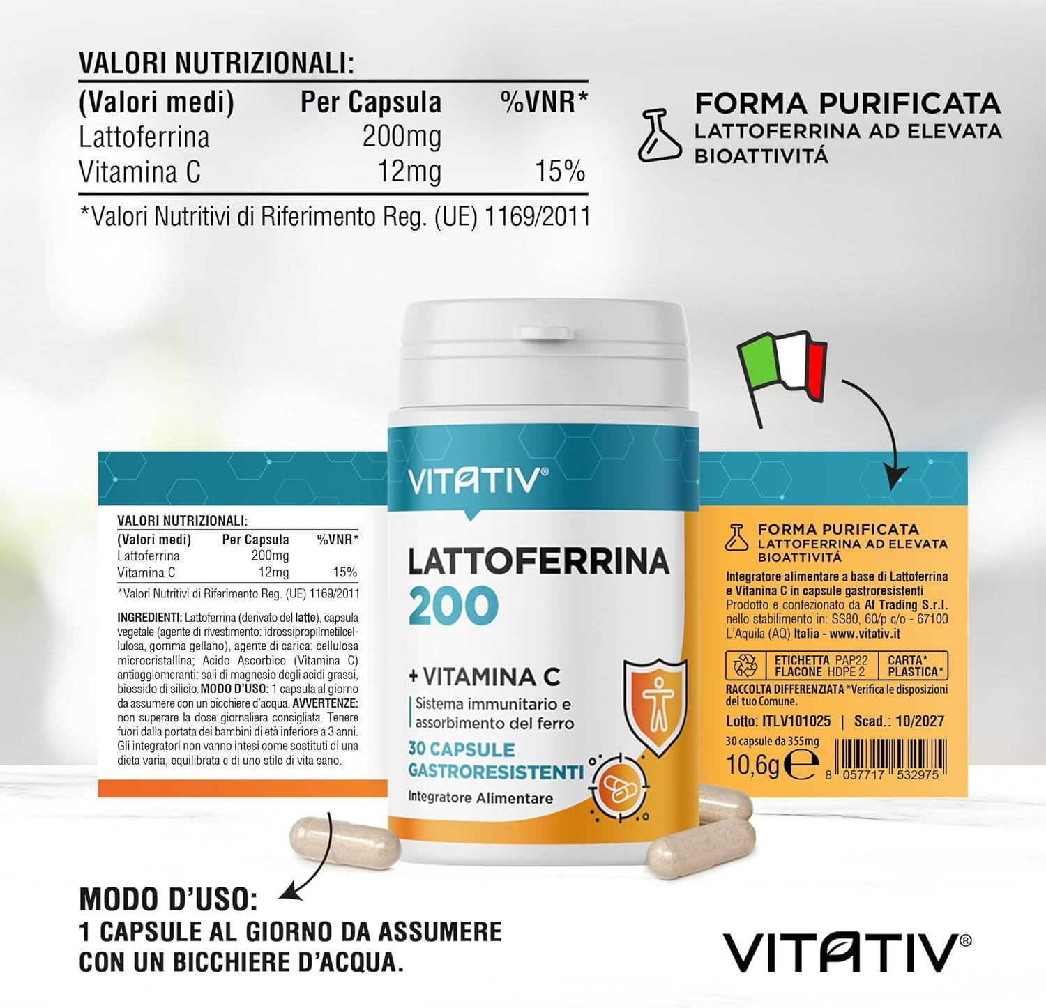Vitativ® Lattoferrina 200 Immuno + Vitamina C - 30 Capsule Gastroresistenti