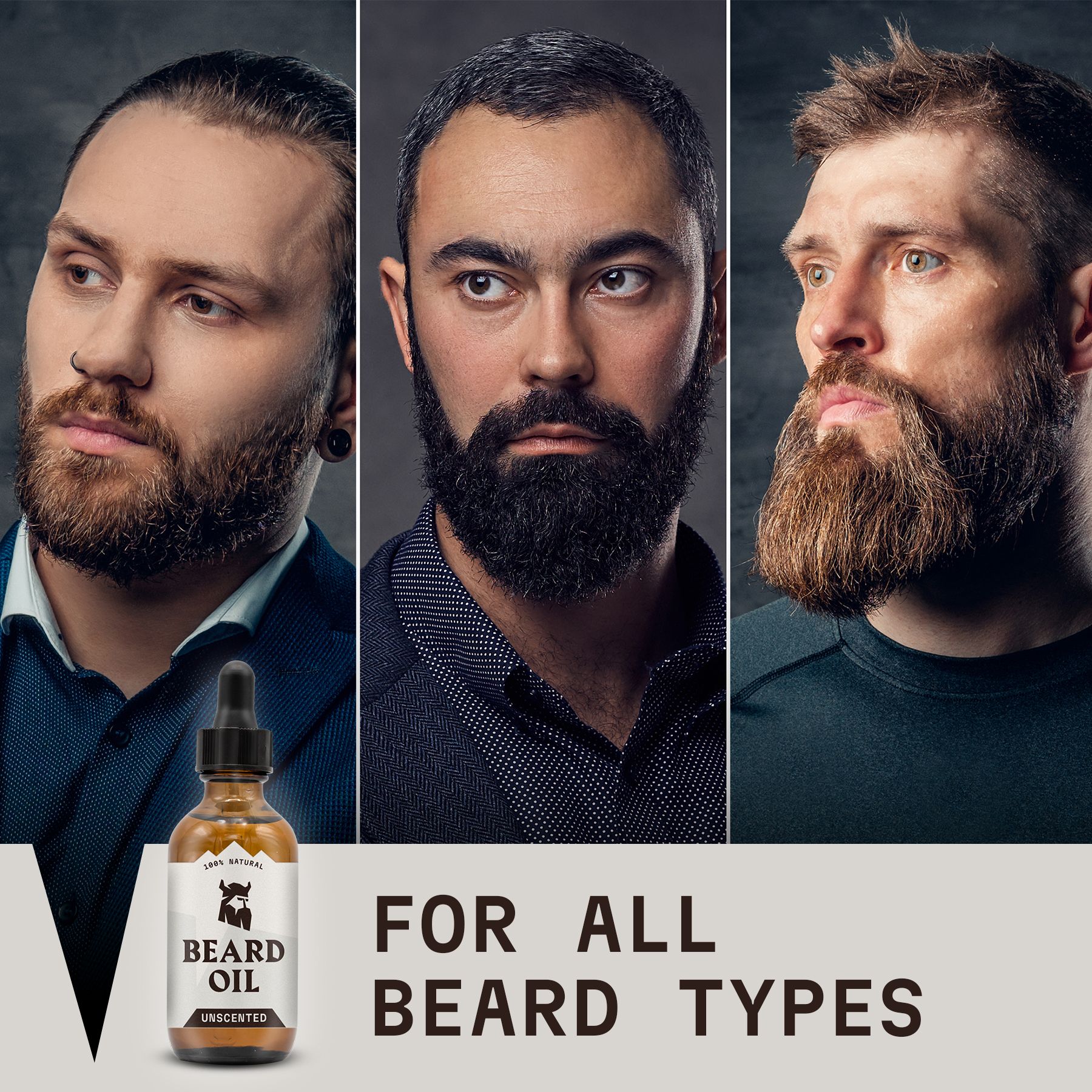Tre uomini con barbe diverse, accanto una bottiglia di olio da barba.