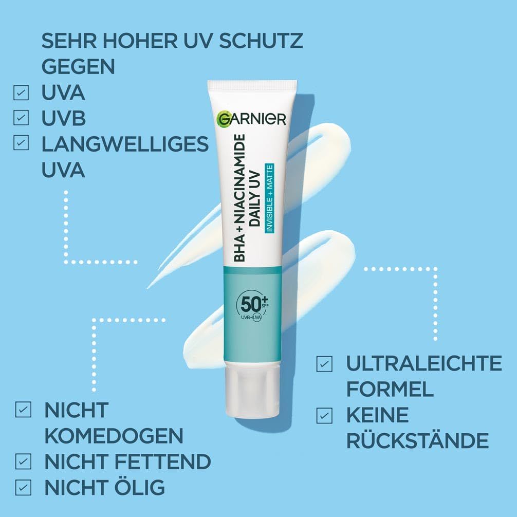 Garnier Hautklar BHA + Niacinamide Daily UV. Tubo con prodotto. Testo: Altissima protezione UV, non comedogenico, non grasso, non oleoso.