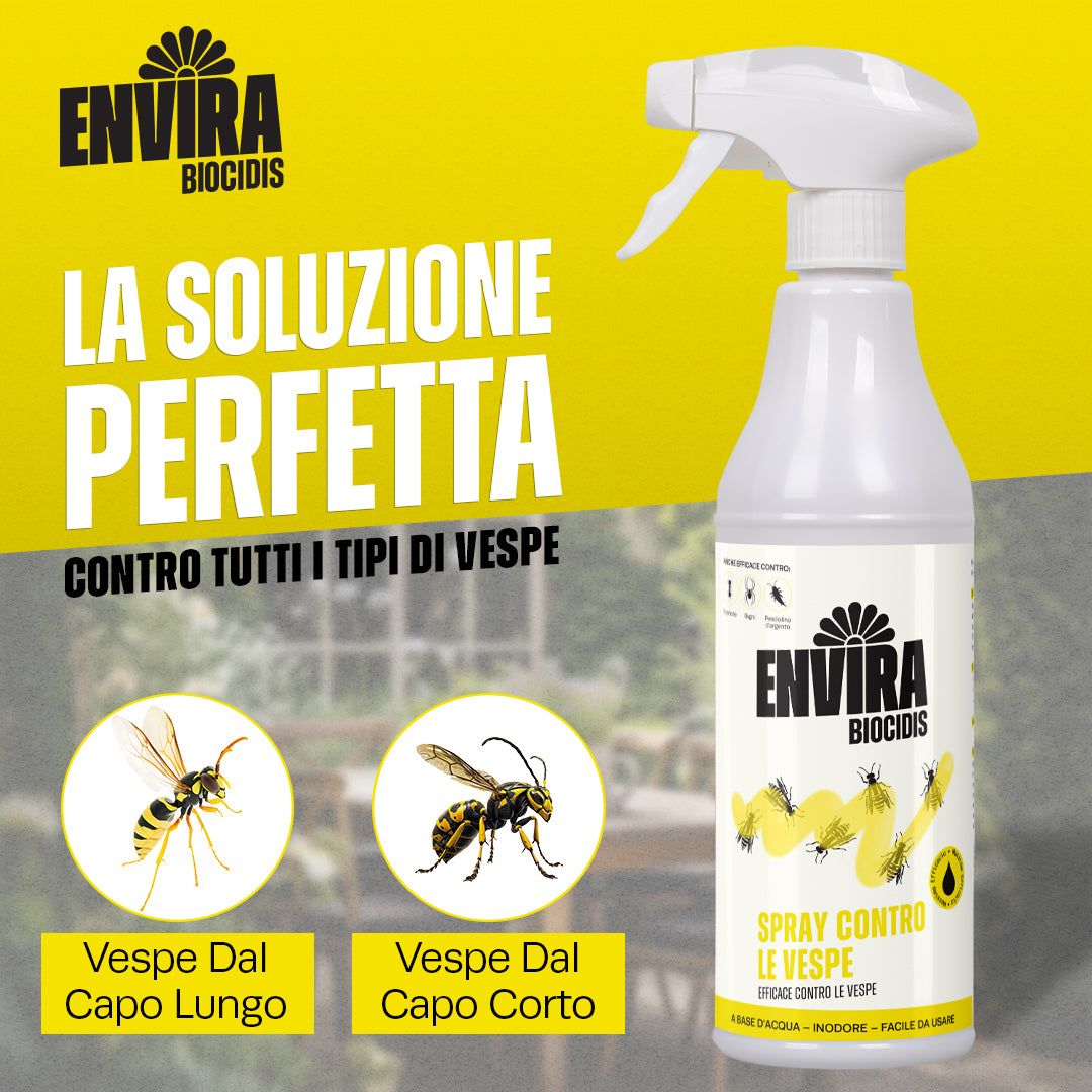 Flacone spray con logo 'ENVIRA BIOCIDIS' e illustrazioni di vespe. Contiene testo sulla lotta alle vespe.