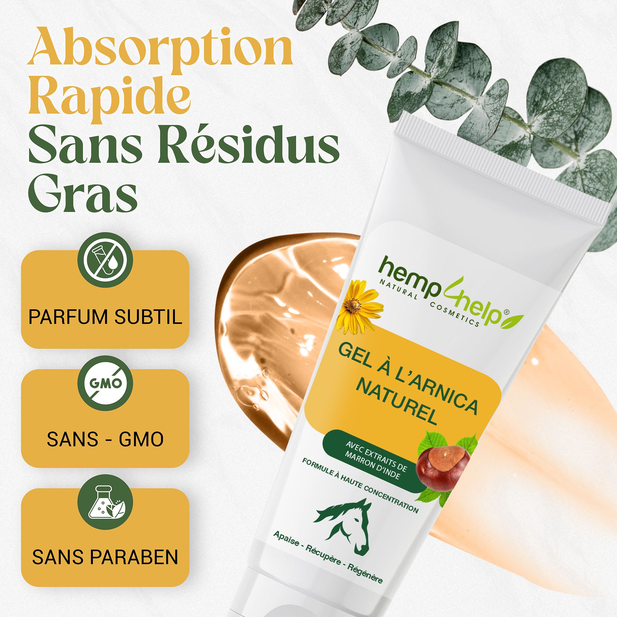 Tubo bianco con etichetta gialla. Testo: Gel à l'Arnica Naturel. Senza parabeni, senza OGM, senza profumo. Marchio: hemp4help.