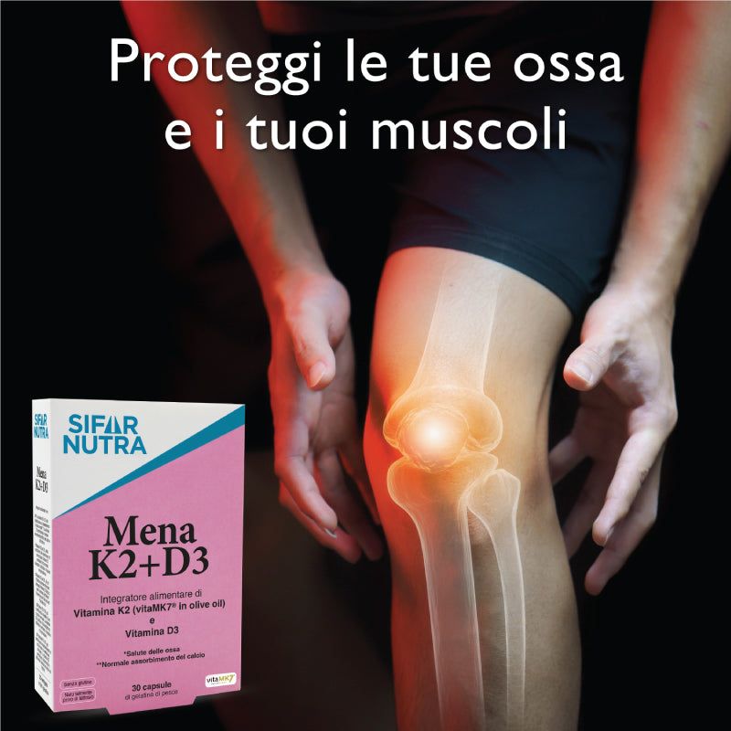 Ginocchio con struttura ossea. Confezione Sifar Nutra Mena K2+D3. Testo: Proteggi le tue ossa e i tuoi muscoli.
