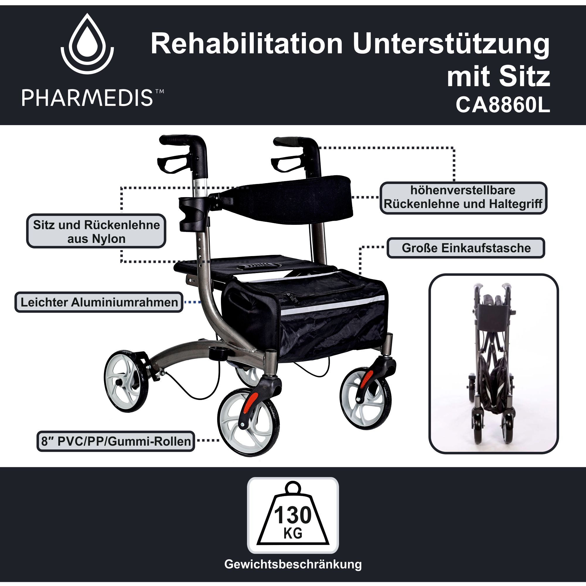 Rollator per riabilitazione con sedile e borsa Pharmedis