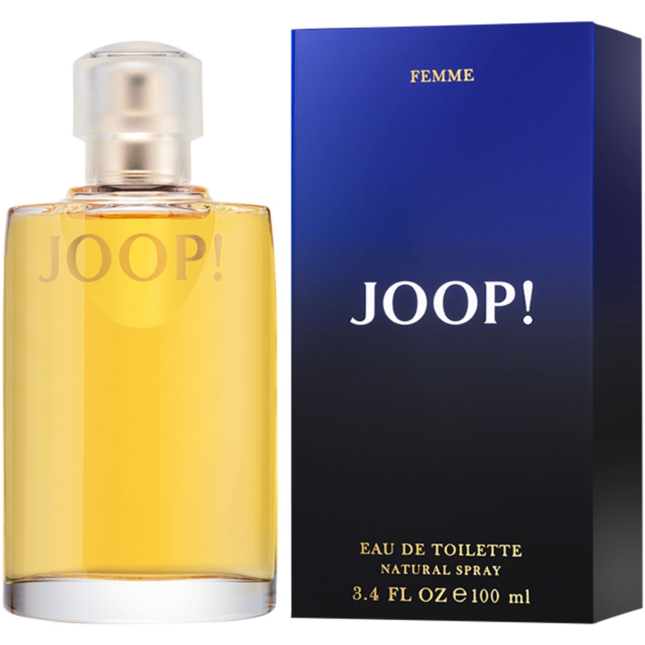 Flacone e confezione Joop! Eau de Toilette. Flacone rettangolare, dorato. Confezione blu-nera con scritta JOOP!