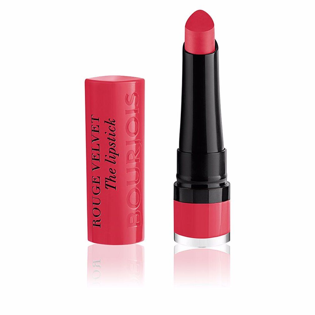 Rossetto rosso Bourjois. Stelo nero, cappuccio aperto.