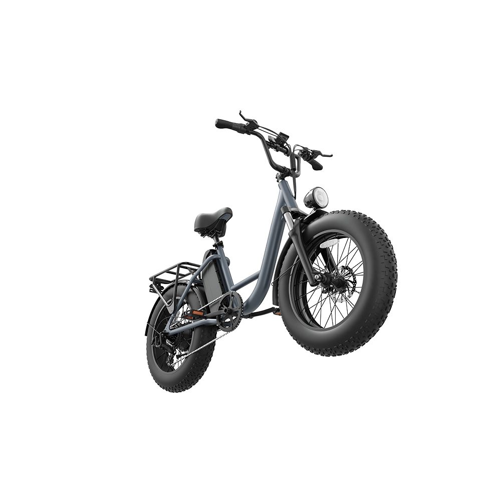 Bicicletta elettrica grigia con pneumatici larghi, portapacchi e faro. Vista laterale.