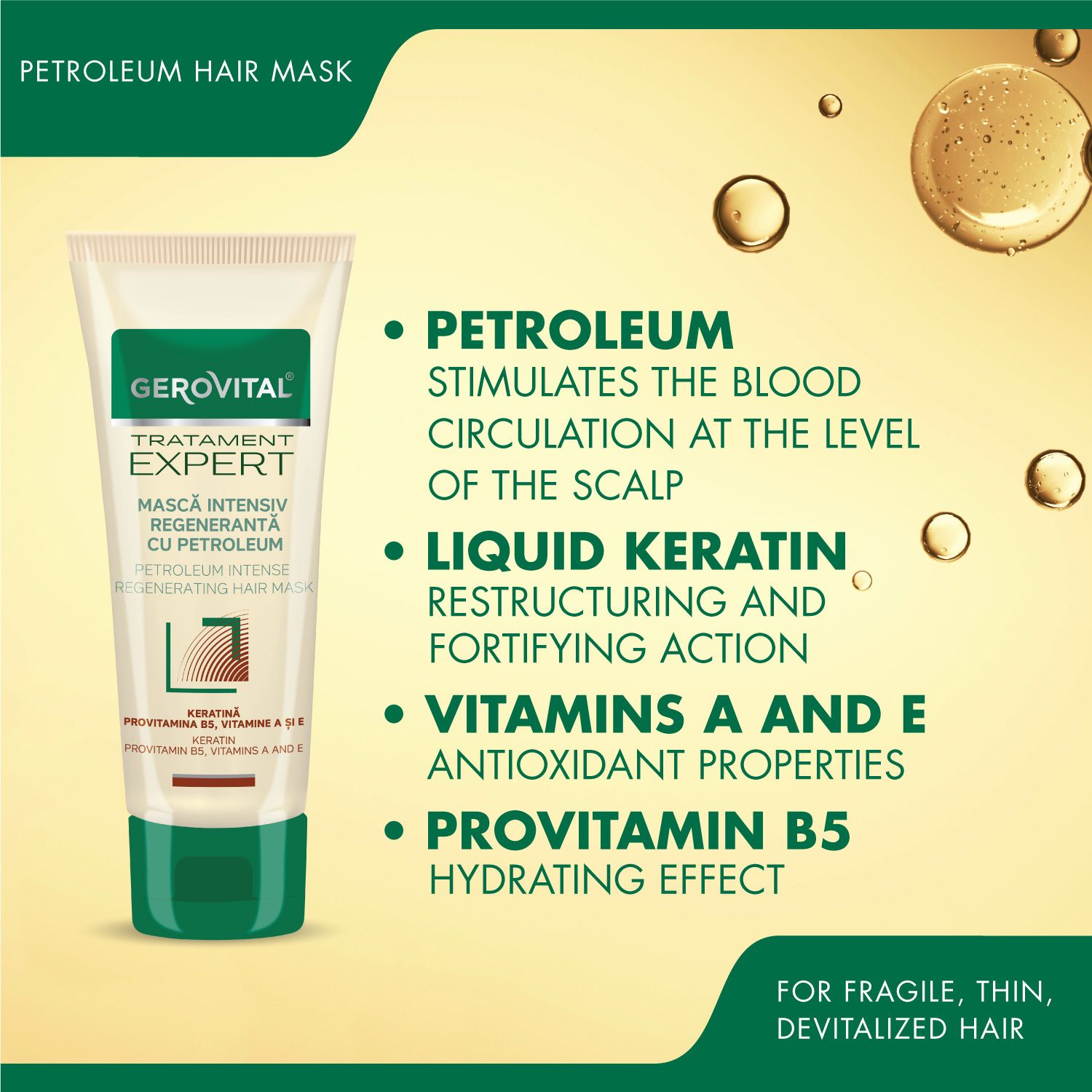 Tubo di crema con tappo verde e testo. Scritta: Gerovital, Tratament Expert, Mască Intensiv Regenerantă cu Petrolum. Contiene cheratina, provitamina B5, vitamine A & E.