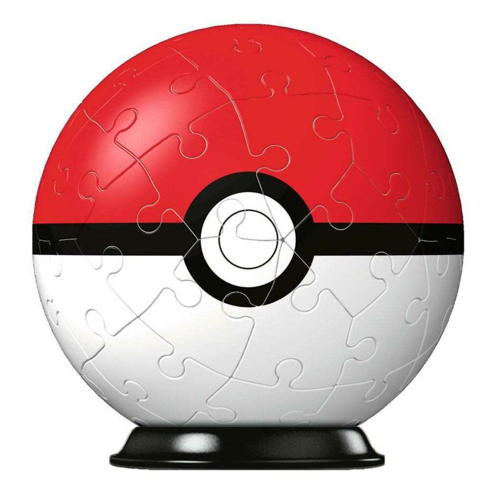 Puzzle-ball Pokéball assemblato. Rosso e bianco, con fascia nera e base. I pezzi formano la sfera.