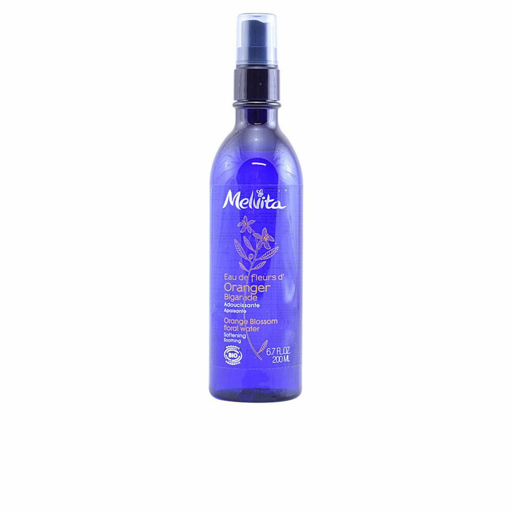 Flacone blu con vaporizzatore. Scritta: Melvita, Eau de fleurs d'Oranger, Orange Blossom floral water. Certificazione bio.