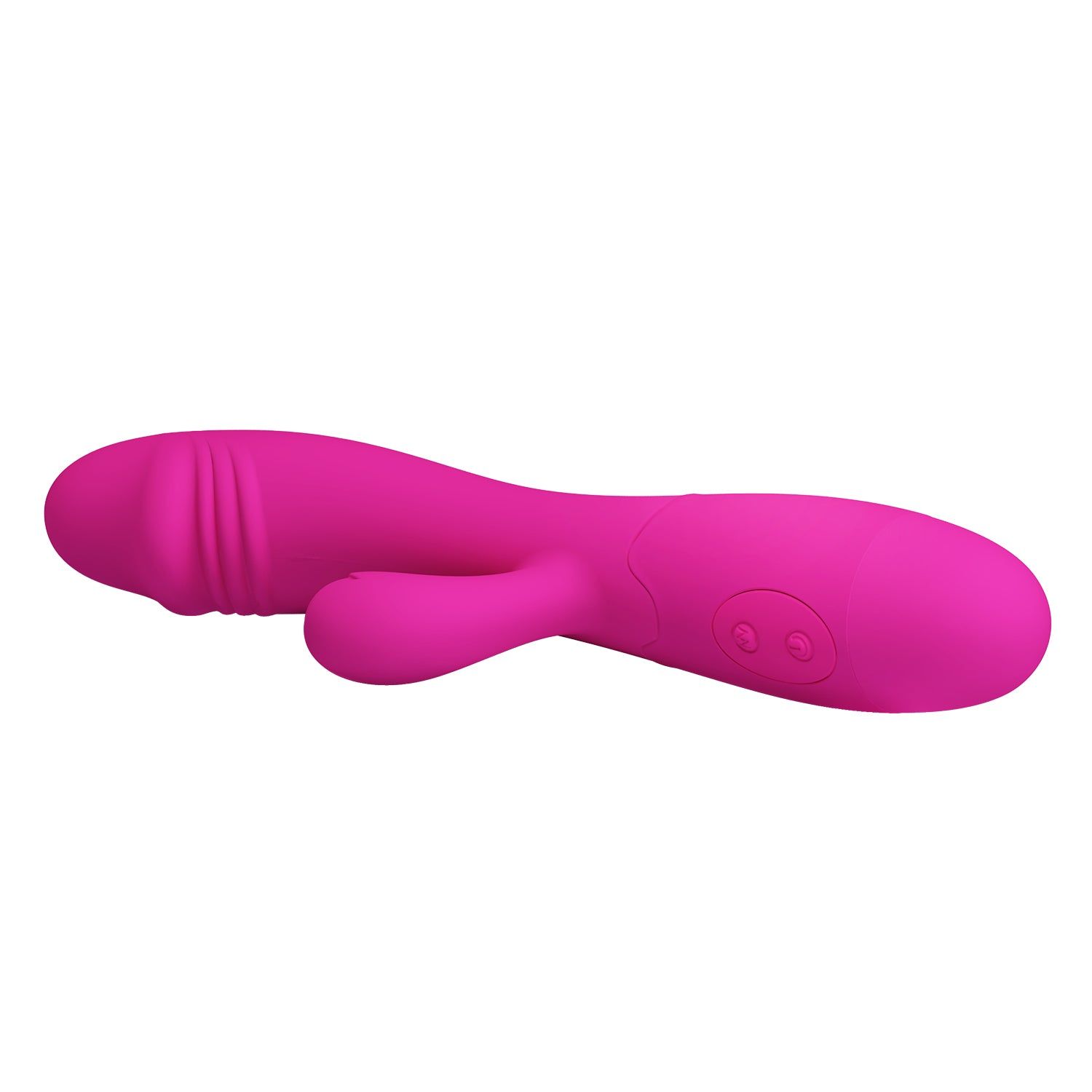 Vibratore rosa con forma curva e due pulsanti. Presenta una parte curva e un elemento laterale più piccolo.