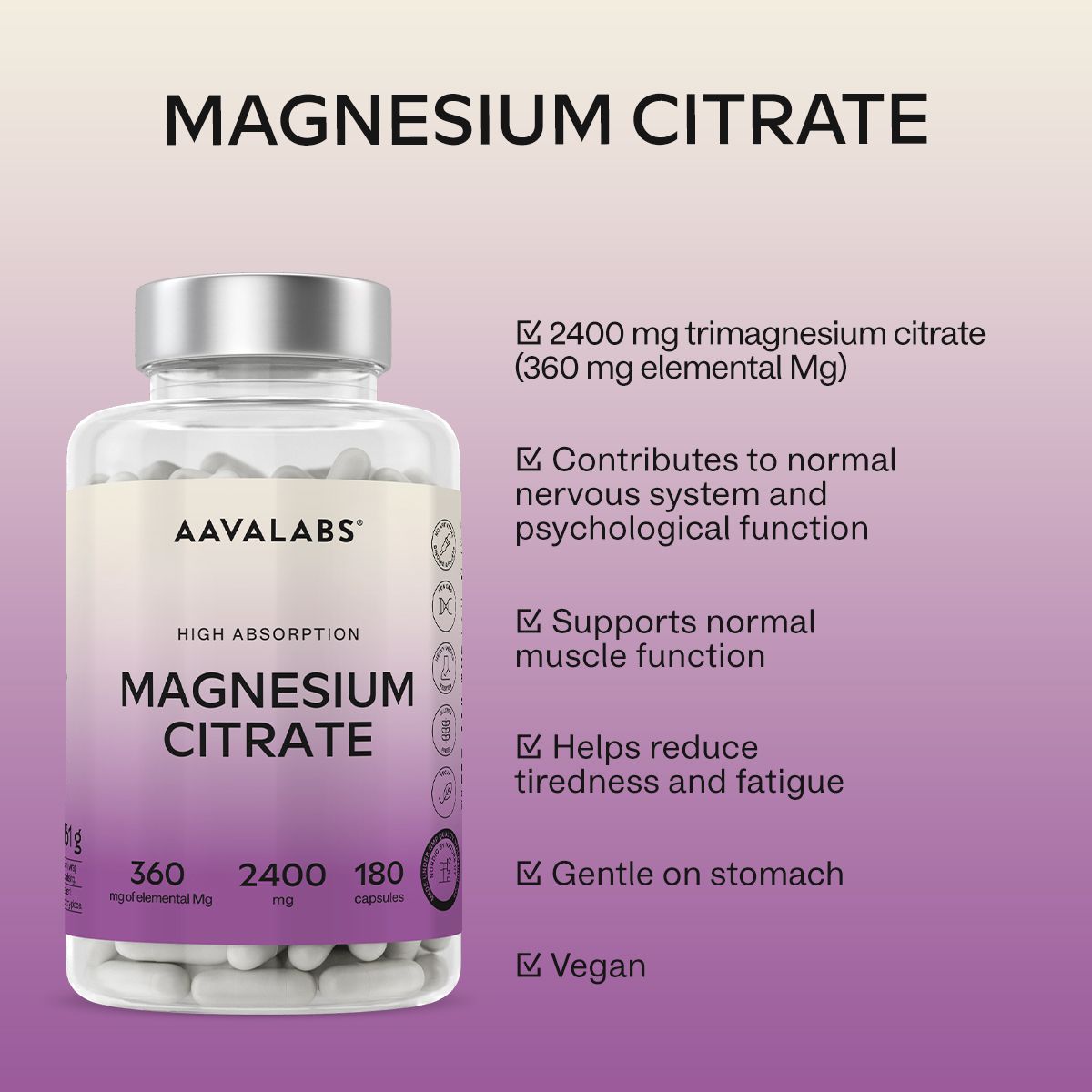 Flacone di Magnesium Citrate con testo. Contiene informazioni su ingredienti e benefici. Marchio: AAVALABS.