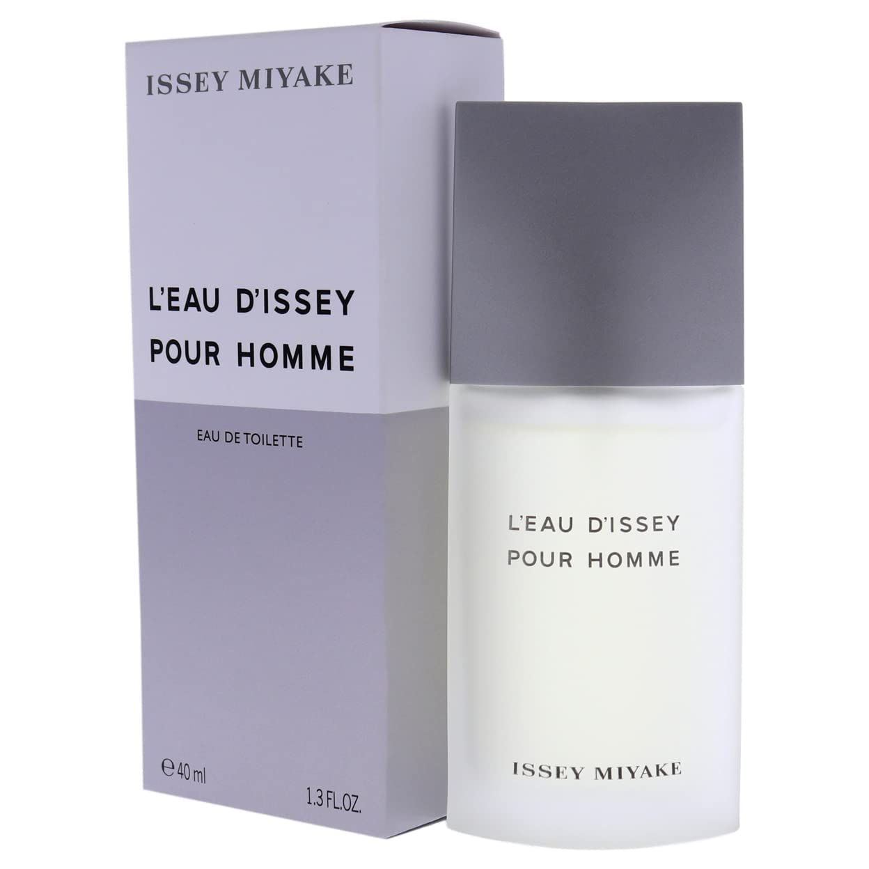 Flacone e confezione. Flacone: rettangolare, grigio-bianco. Confezione: bianco-lilla. Scritta: L'EAU D'ISSEY POUR HOMME e ISSEY MIYAKE.