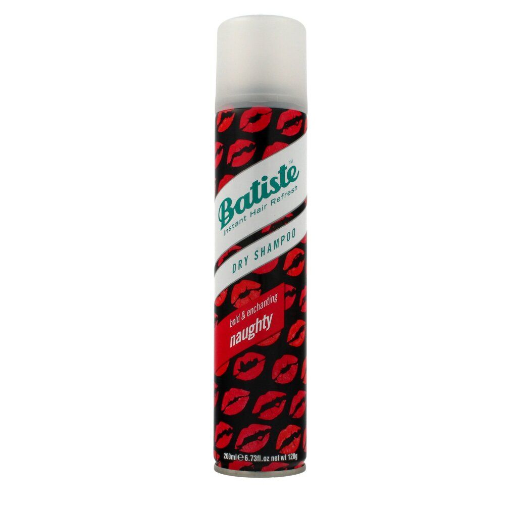 Spray shampoo secco Batiste. Motivi di labbra rosse su sfondo nero. Tappo bianco. Nome del prodotto e 'naughty' in rosso.
