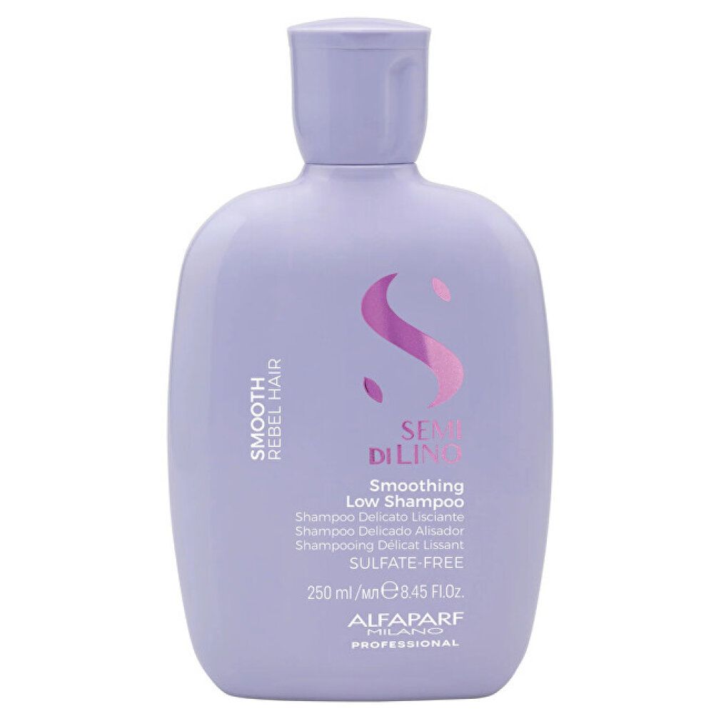 Flacone viola con tappo argentato contenente il prodotto 'Semi Di Lino Smooth Smoothing Low Shampoo'.