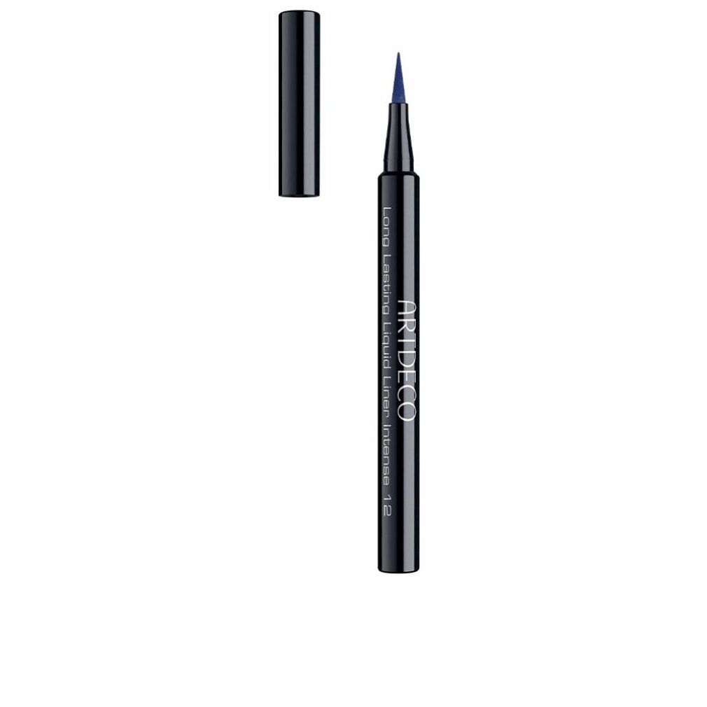 Eyeliner blu con corpo nero, cappuccio accanto. Scritta: ARTDECO, Long Lasting Liquid Liner Intense 12.
