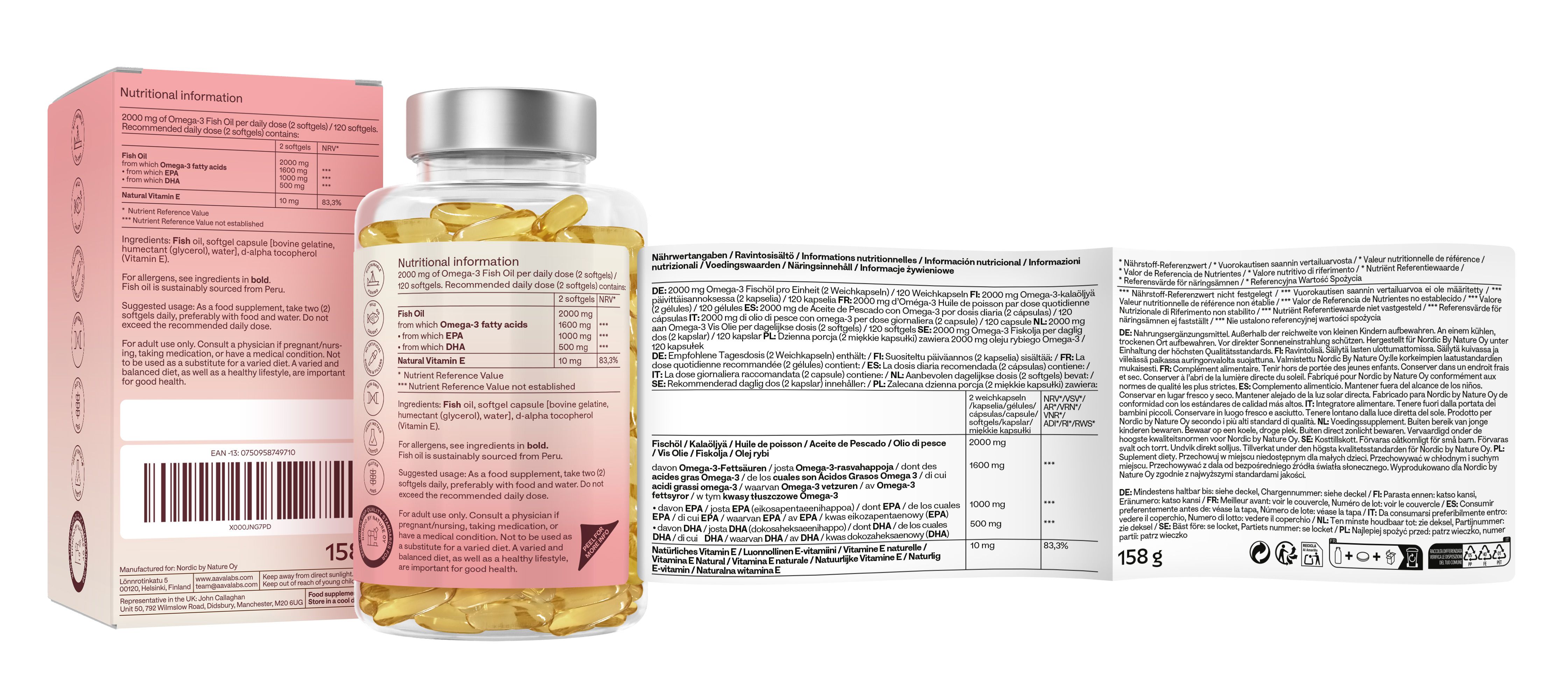 Confezione con informazioni nutrizionali e ingredienti. Brochure aggiuntiva con maggiori informazioni.