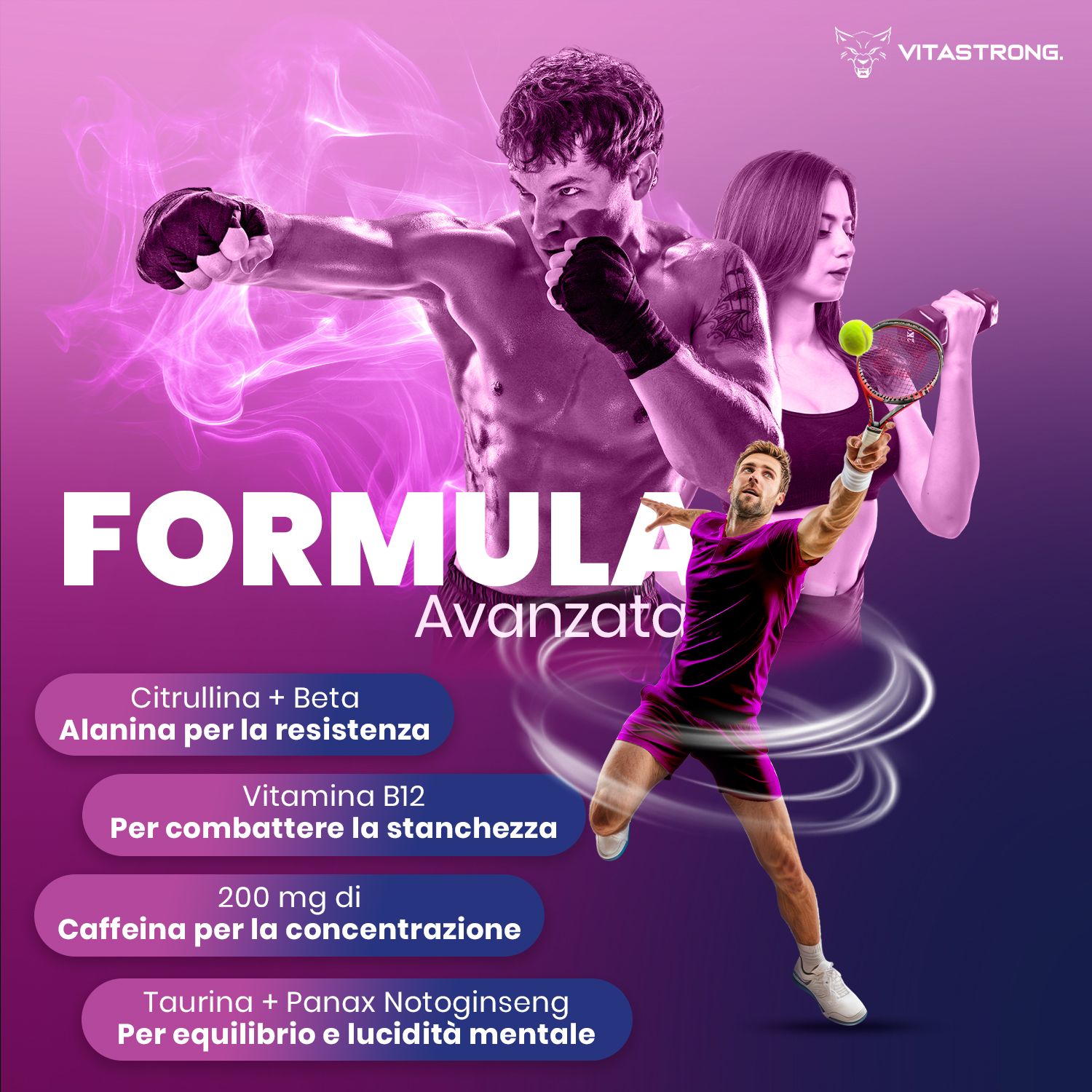 Vitastrong Energy Berries. Formula, atleti, tennista, pugile. Ingredienti: Citrullina, Beta Alanina, Vitamina B12.