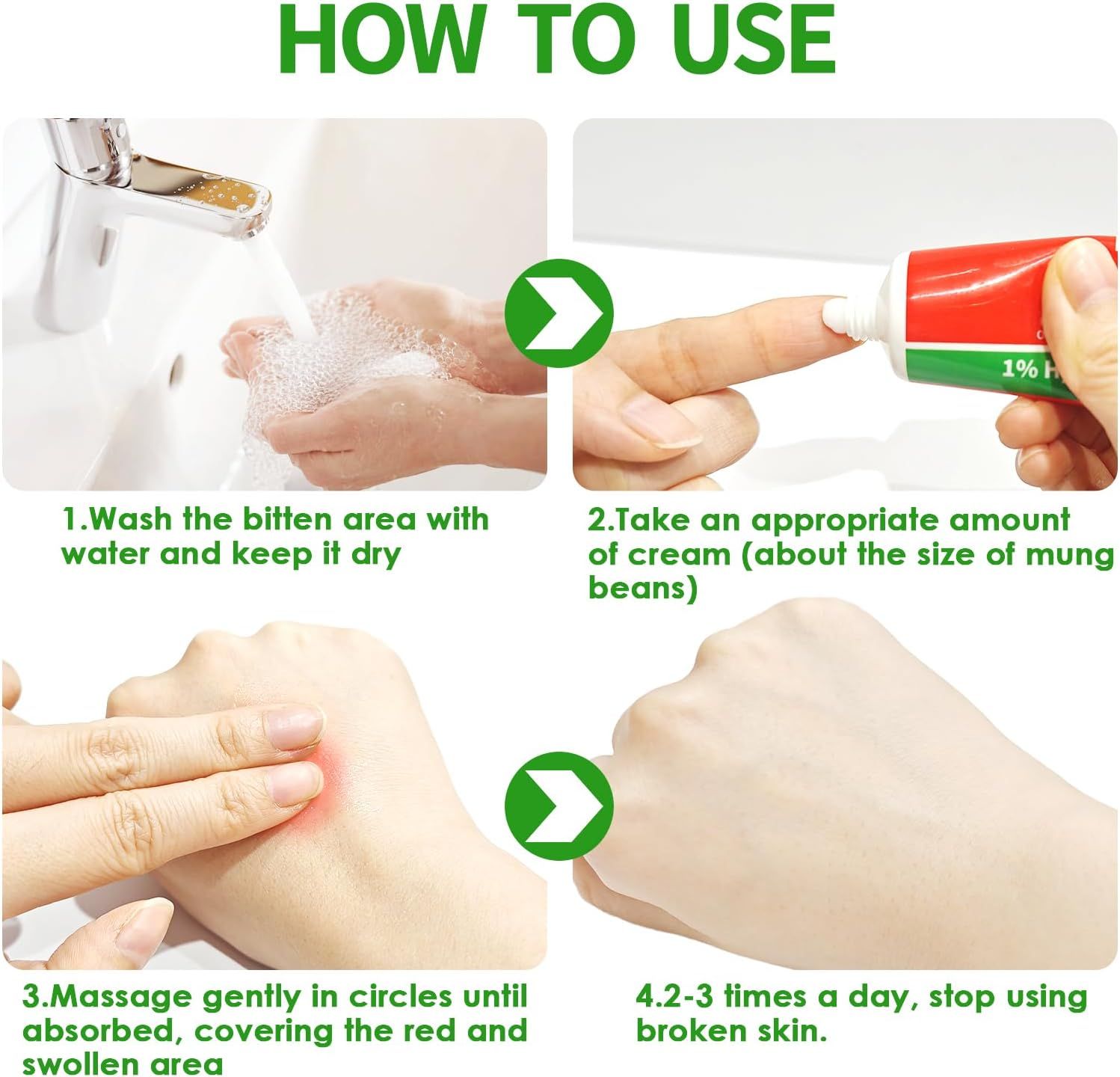 Istruzioni per l'uso. Lavare le mani, applicare la crema, massaggiare, usare 2-3 volte al giorno.