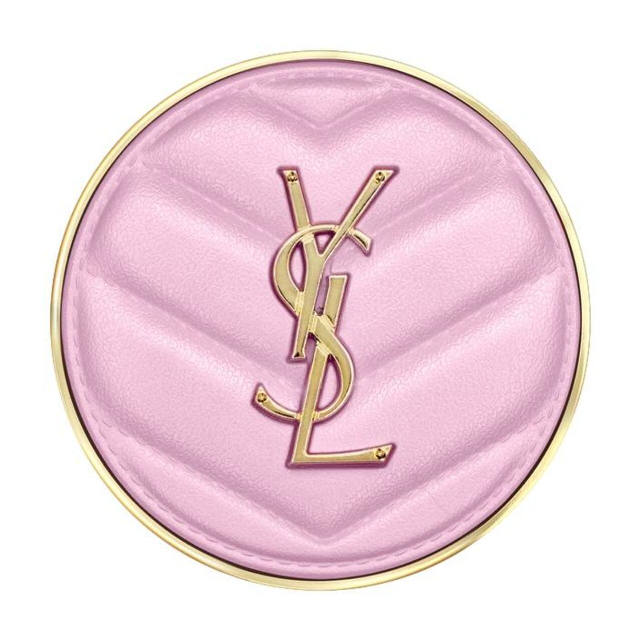 Yves Saint Laurent Make Me Blush rosa, rotondo. Logo e bordo dorati. Superficie trapuntata.