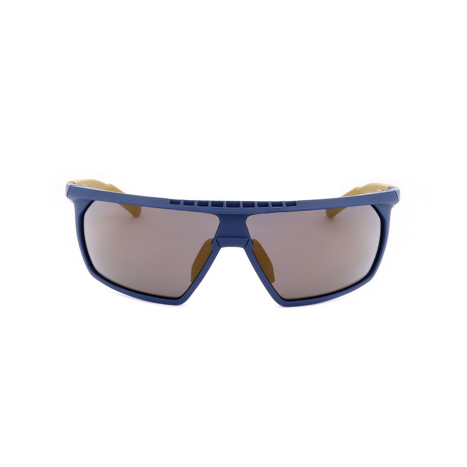 Occhiali da sole sportivi blu con lenti marroni e montatura robusta.