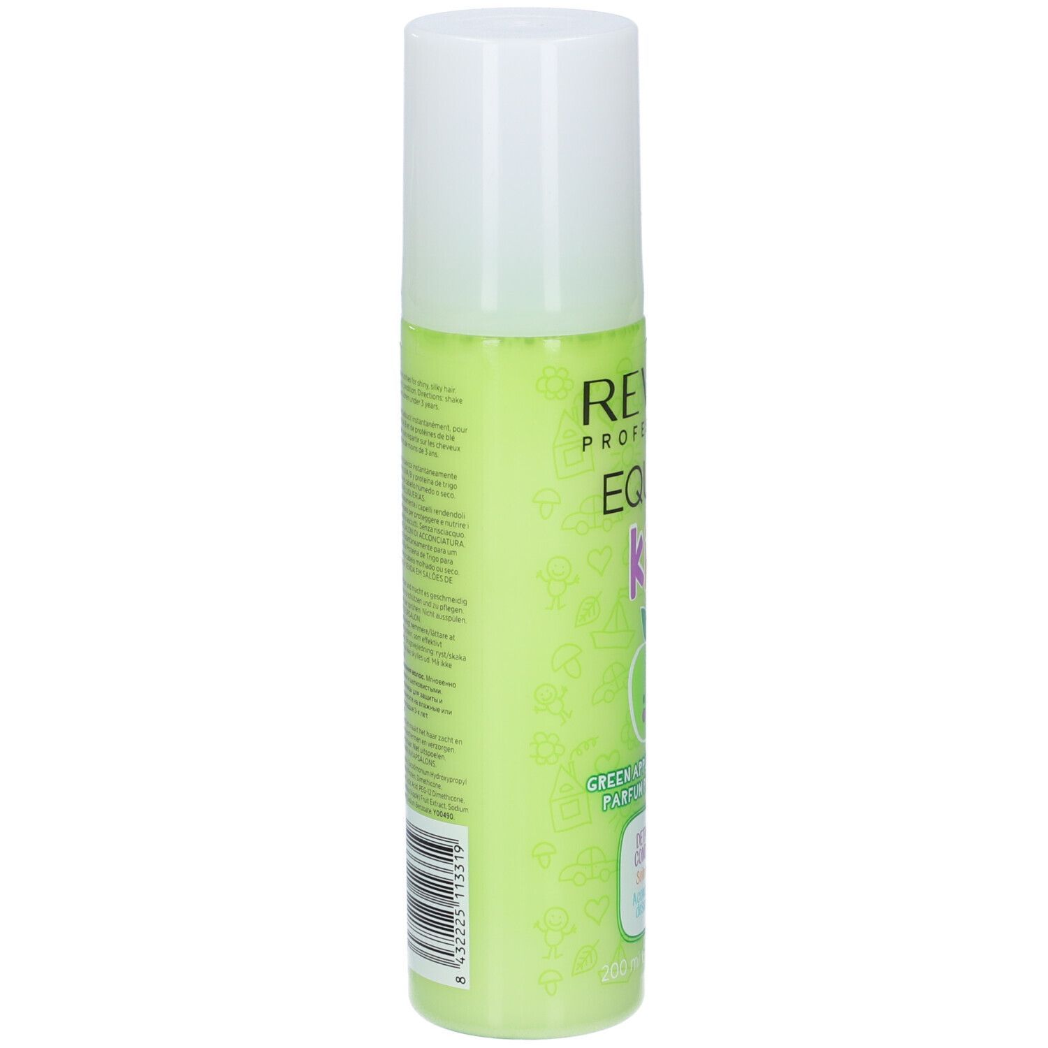 Flacone verde con tappo bianco. Retro con testo e codice a barre. Revlon Equave Kids Detangling Conditioner.